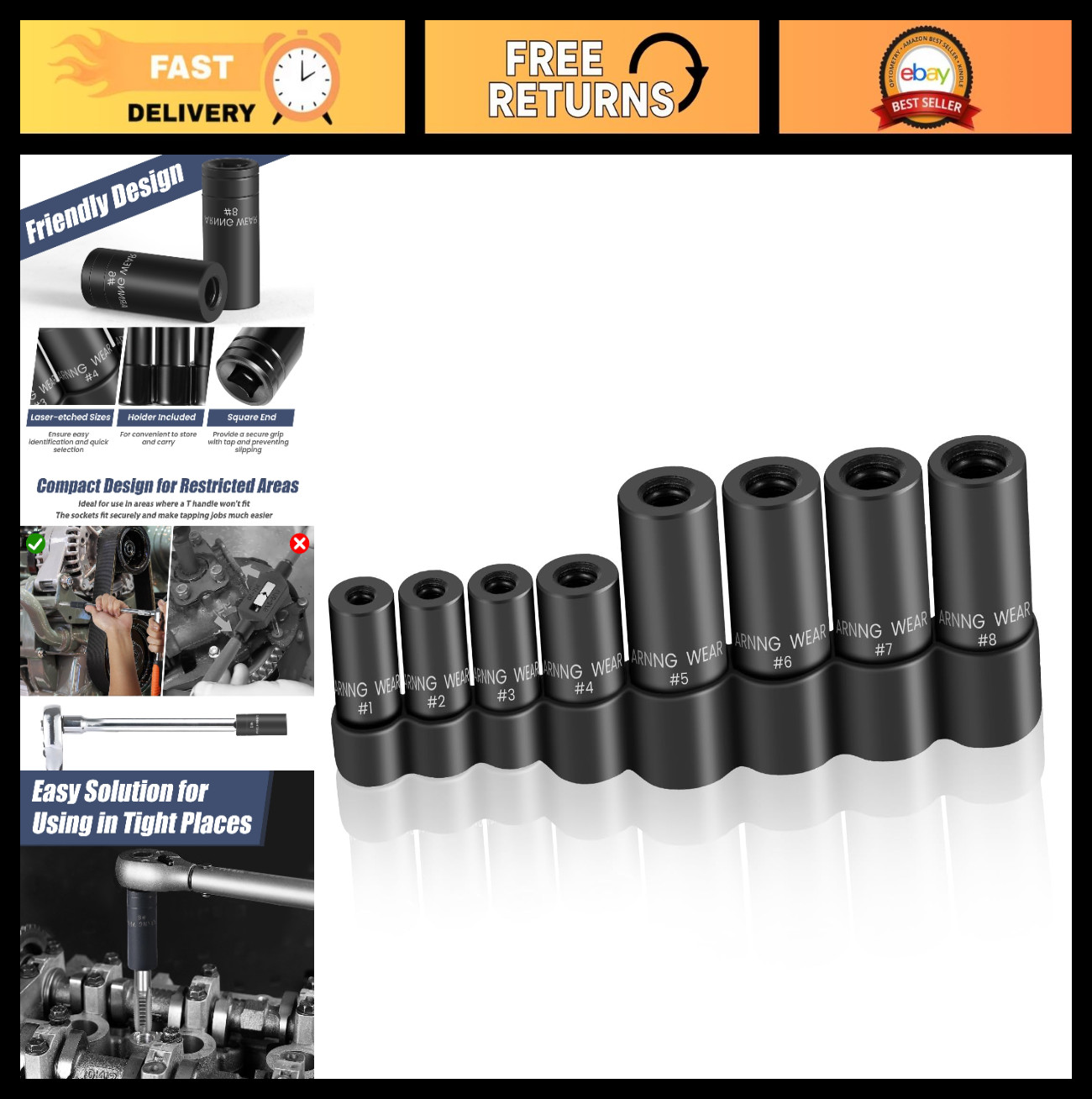 8pcs Tap Socket Set, 1/4″ & 3/8″ Drive Adapters, Fits 1/8″ NPT & Metric Taps