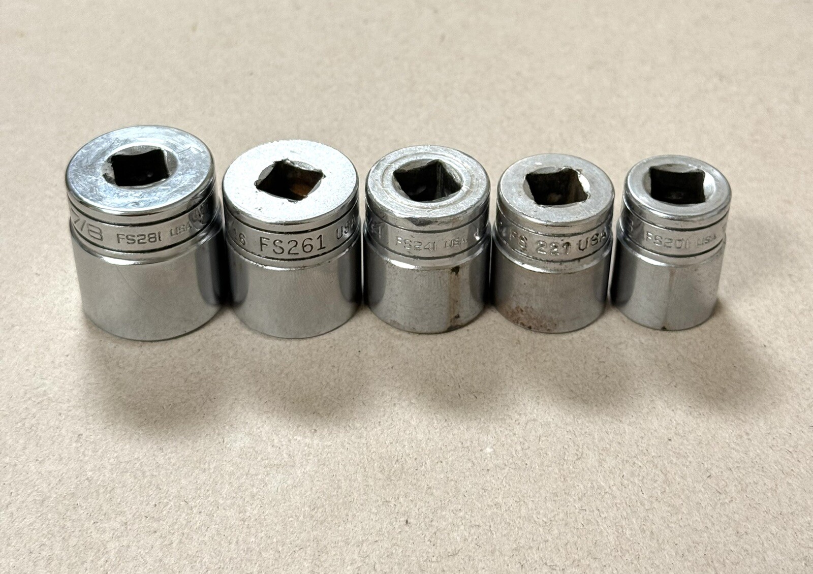 Snap On Tools 5pc 3/8” Drive SAE 6pt Sockets FS281,FS261,FS241,FS221,FS201