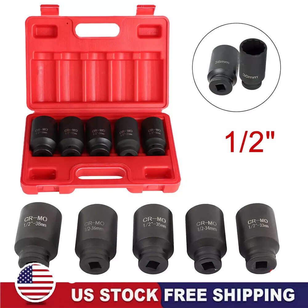 5Pcs 1/2″ Drive Deep Impact Axle Hub Socket Set 6 Point 33mm 34mm 35mm 36mm 38mm
