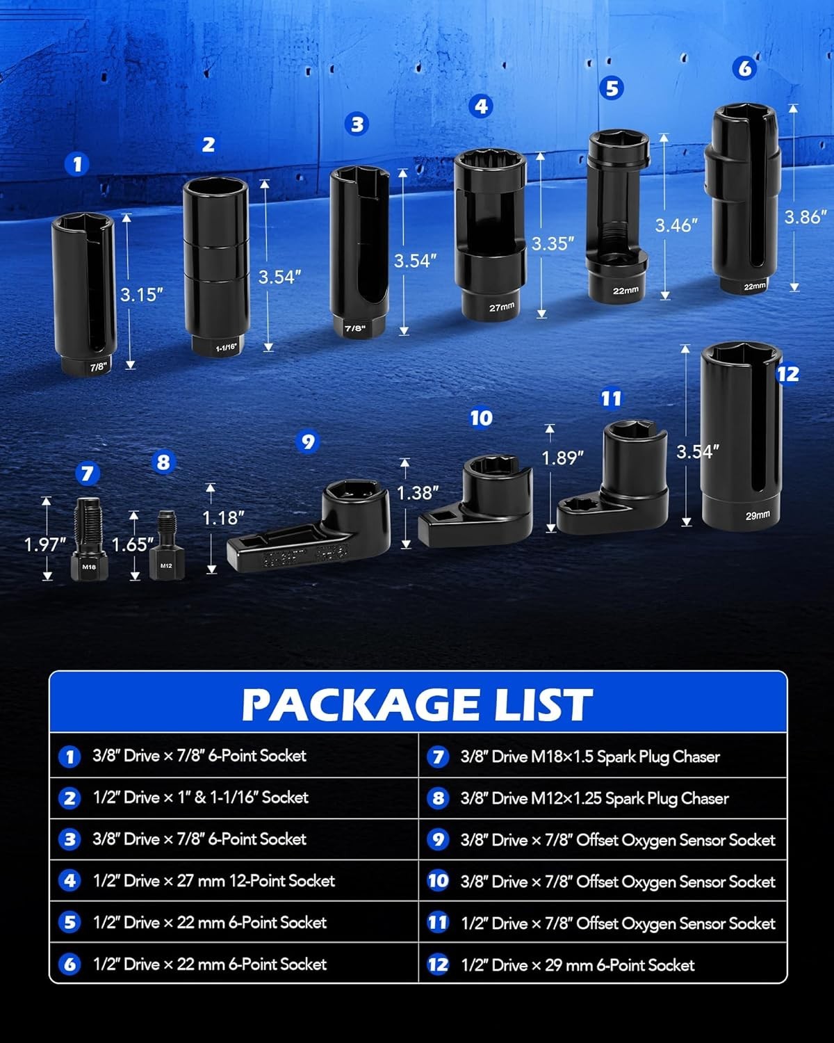 Heavy Duty 12pc O2 Sensor Socket Set Pro Removal Tool Kit 22mm 7/8″