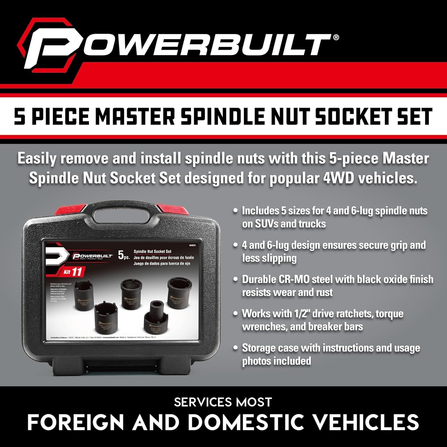 5-Piece Spindle Nut Socket Set for Easy Removal of 4WD Nuts – Durable Design