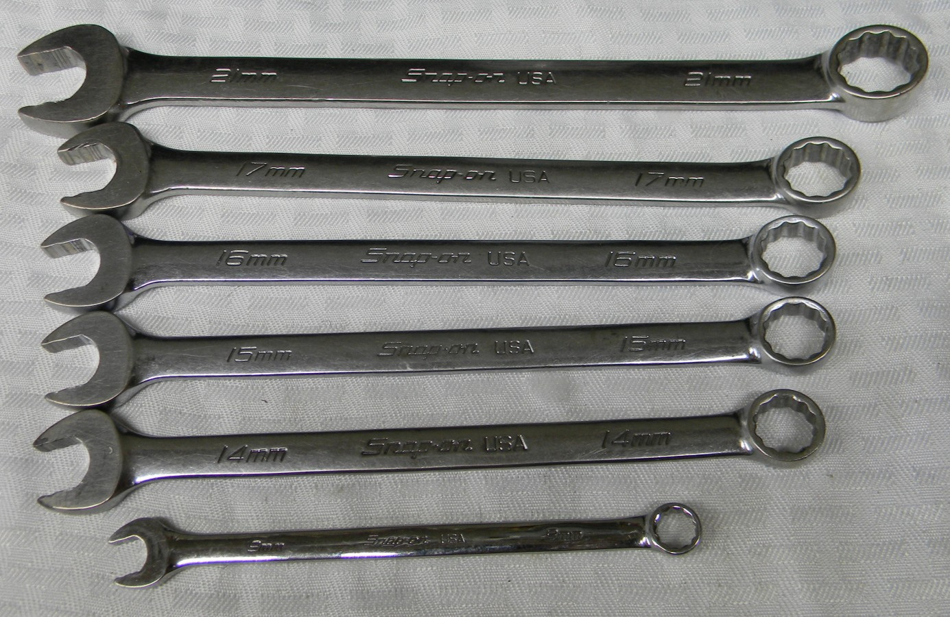 SNAP-ON 6PC METRIC 12PT COMBINATION WRENCH SET 9MM,14-17MM,21MM #SOEXM SERIES
