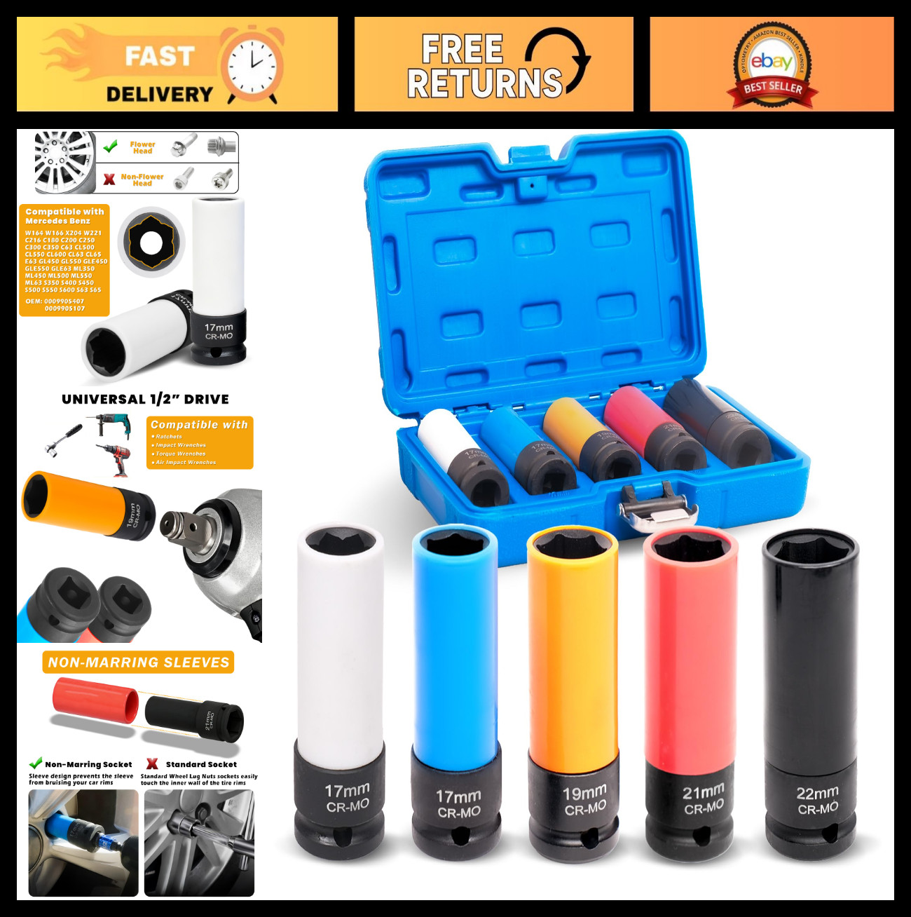 5-Piece 1/2″ Drive Lug Nut Socket Set – Metric 17mm 19mm 21mm 22mm, Thin Wall De