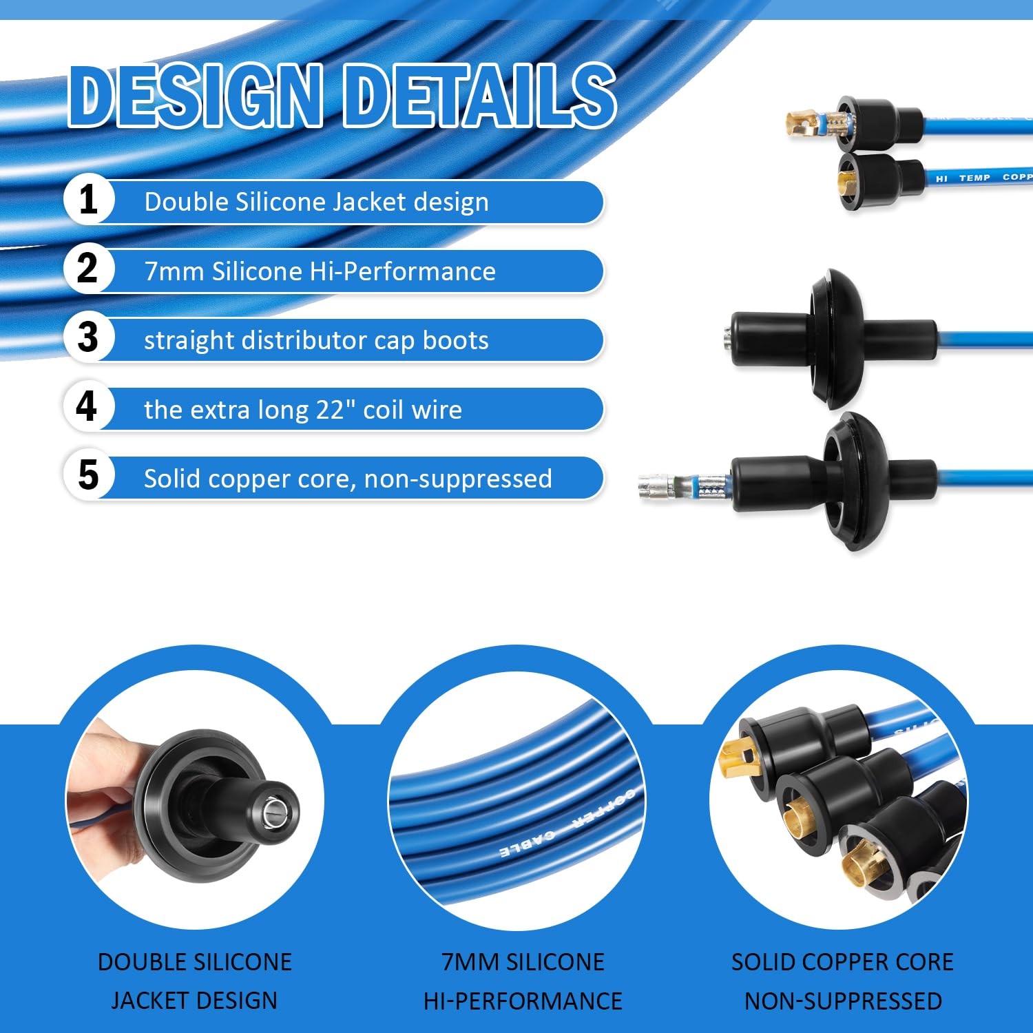 Blue 7mm Silicone Ignition Plug Wires for Type 1, Compatible with Dune Buggy