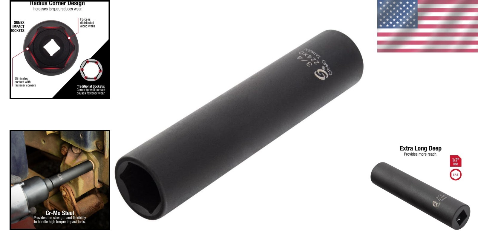 1/2 Inch Drive Extra Deep Impact Socket – Black Phosphate Finish, ANSI Compliant
