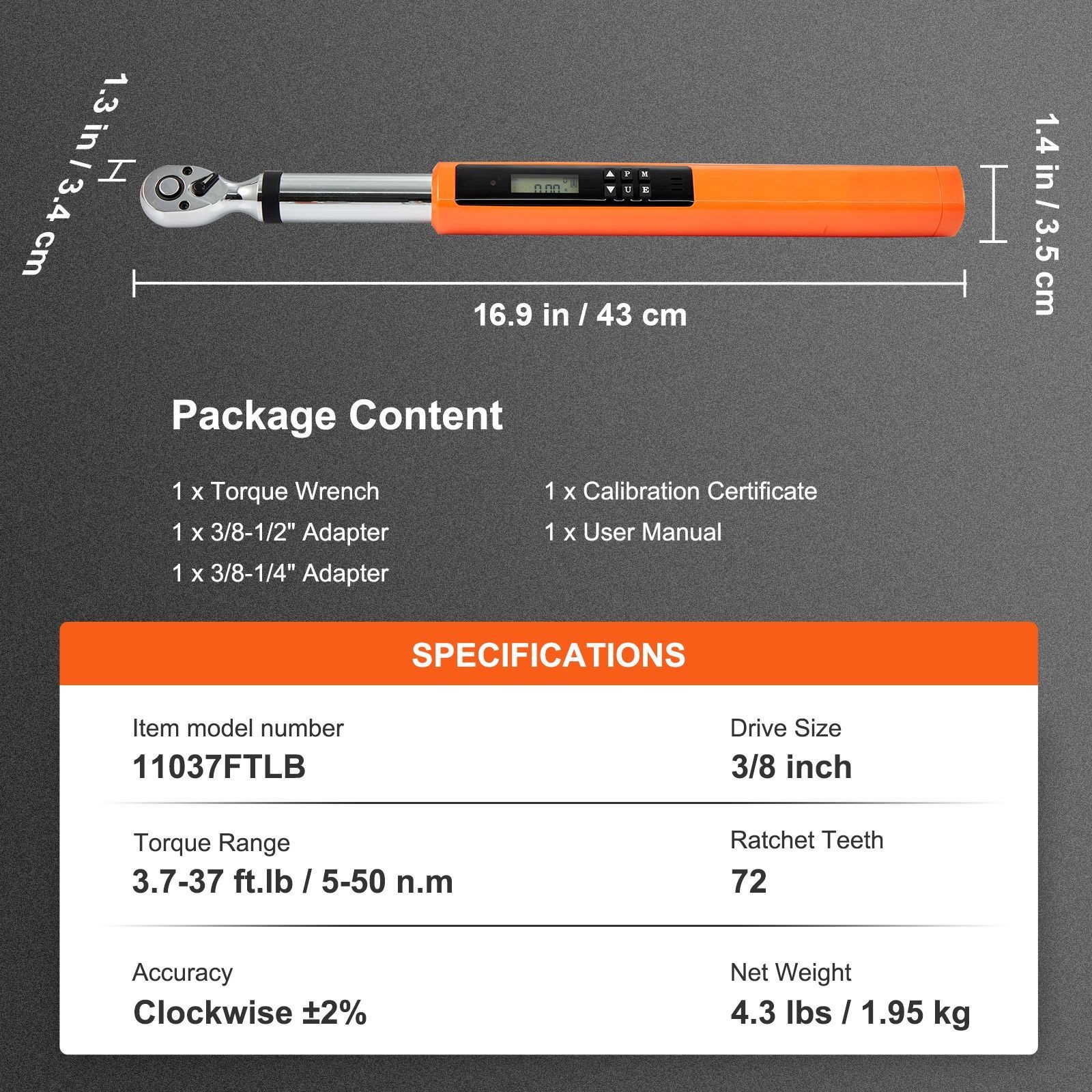3/8 Drive Digital Torque Wrench 3.7-37ft.lb ±2% Accuracy
