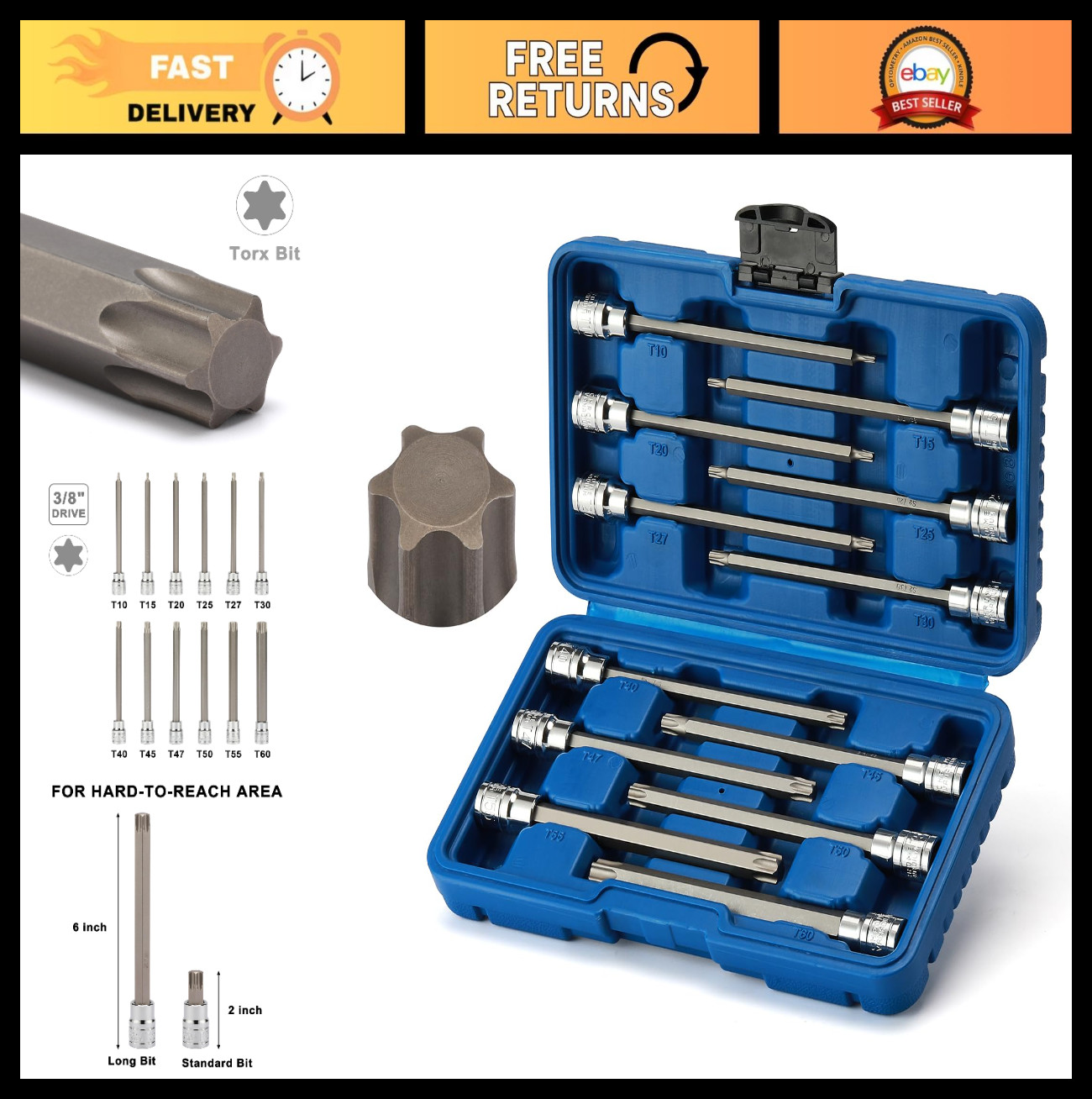 12PCS Extra Long Torx Bit Socket Set T10-T60, 3/8″ Drive, CR-V S2 Steel, Deep 5.