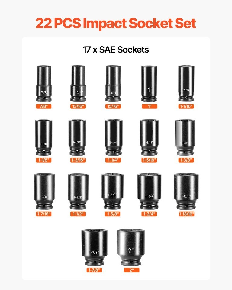 22 Pc Impact Socket Set 3/4″ Drive Deep SAE Cr-Mo Extension Bar Sliding T-Bar