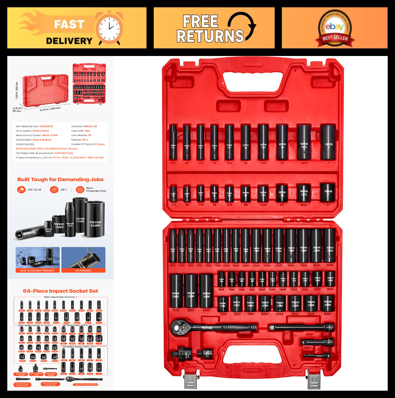 64-Piece Impact Socket Set 3/8″ Drive – SAE & Metric, Deep/Shallow, 6 Point, Rat