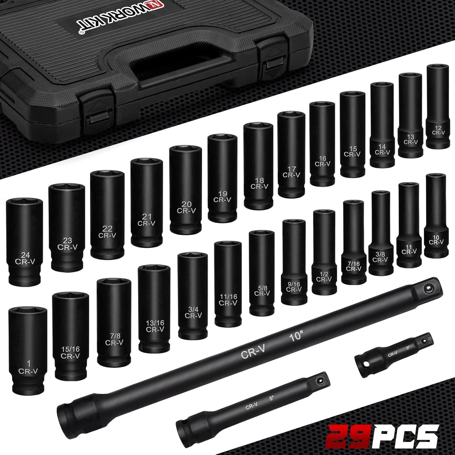 Durable Chrome Vanadium 29-Piece Impact Socket Set with Extension Bars