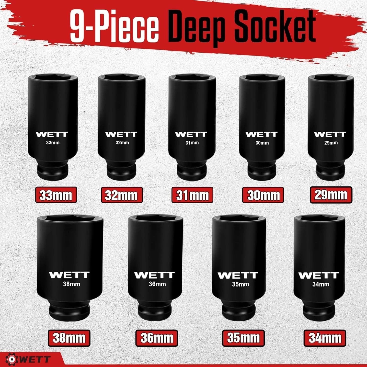 9-Piece Chrome Vanadium 1/2″ Drive Deep Socket Set with Black Phosphate Finish