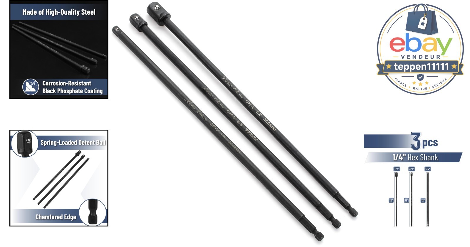 Impact Socket Adapter Set, 3 pcs, 12-Inch, 1/4″, 3/8″, 1/2″
