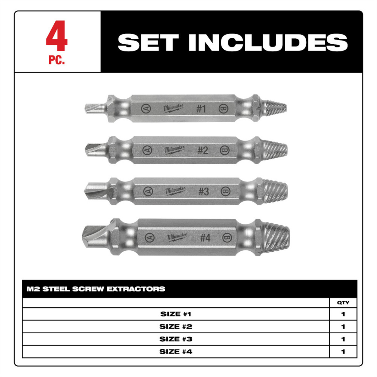 Milwaukee Tool M2 Steel Screw Extractor Set 4PC