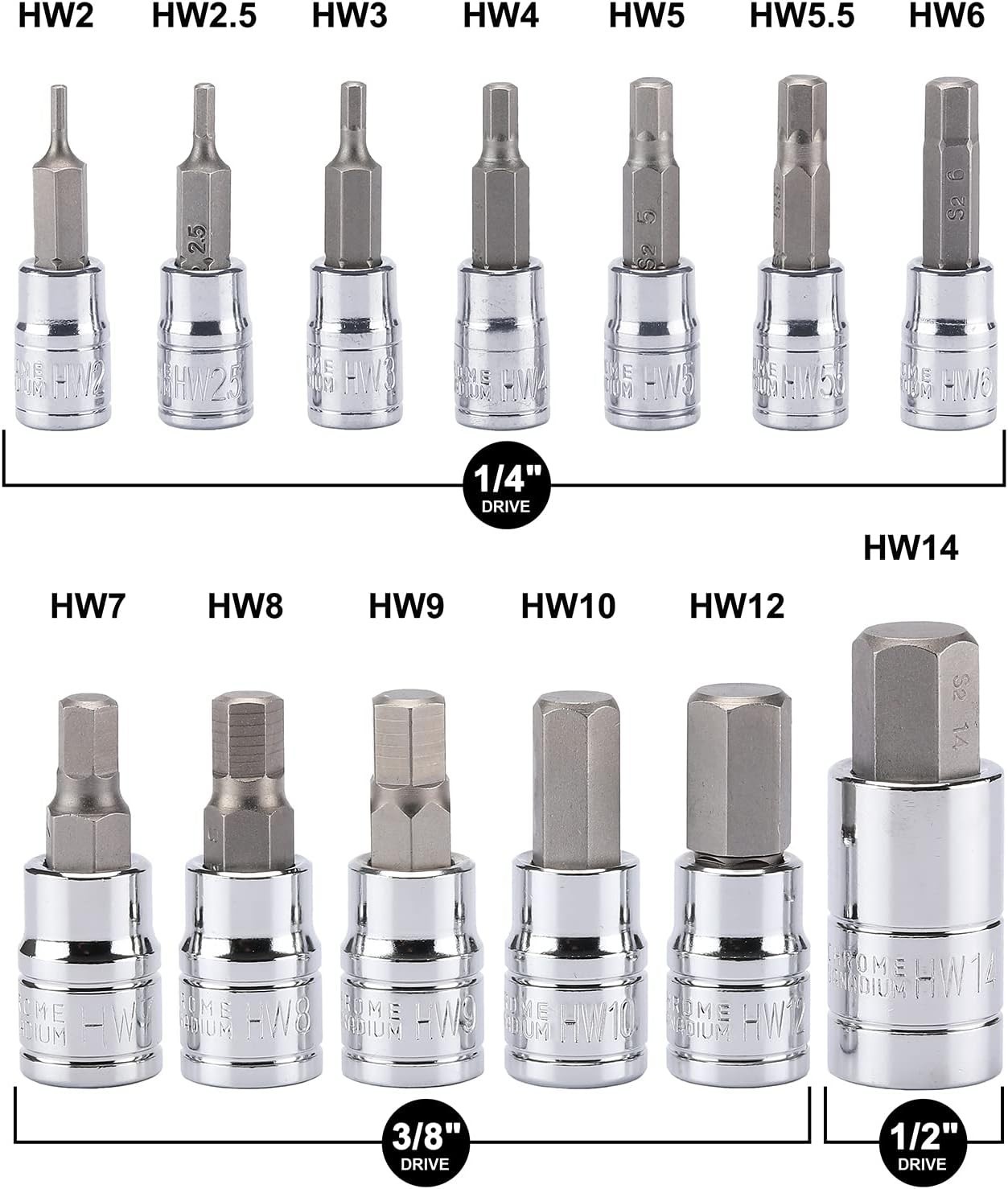 Professional 13-Piece Metric Hex Bit Socket Kit, 2mm to 14mm, with Carry Case