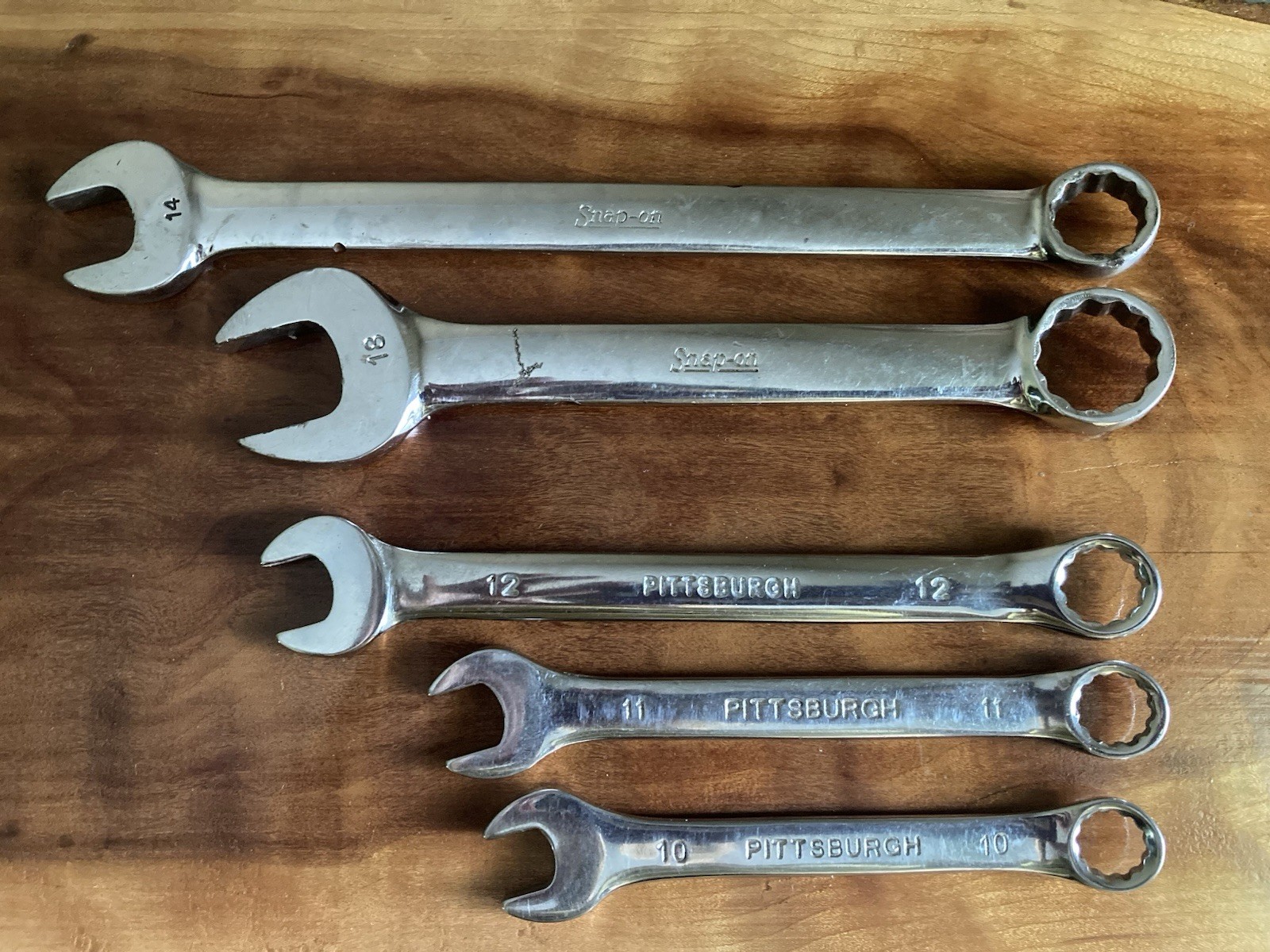 Lot of 5 Combo Wrenches: 2 Snap-on-14mm & 18mm and 3 Pittsburgh-10, 11 &12mm