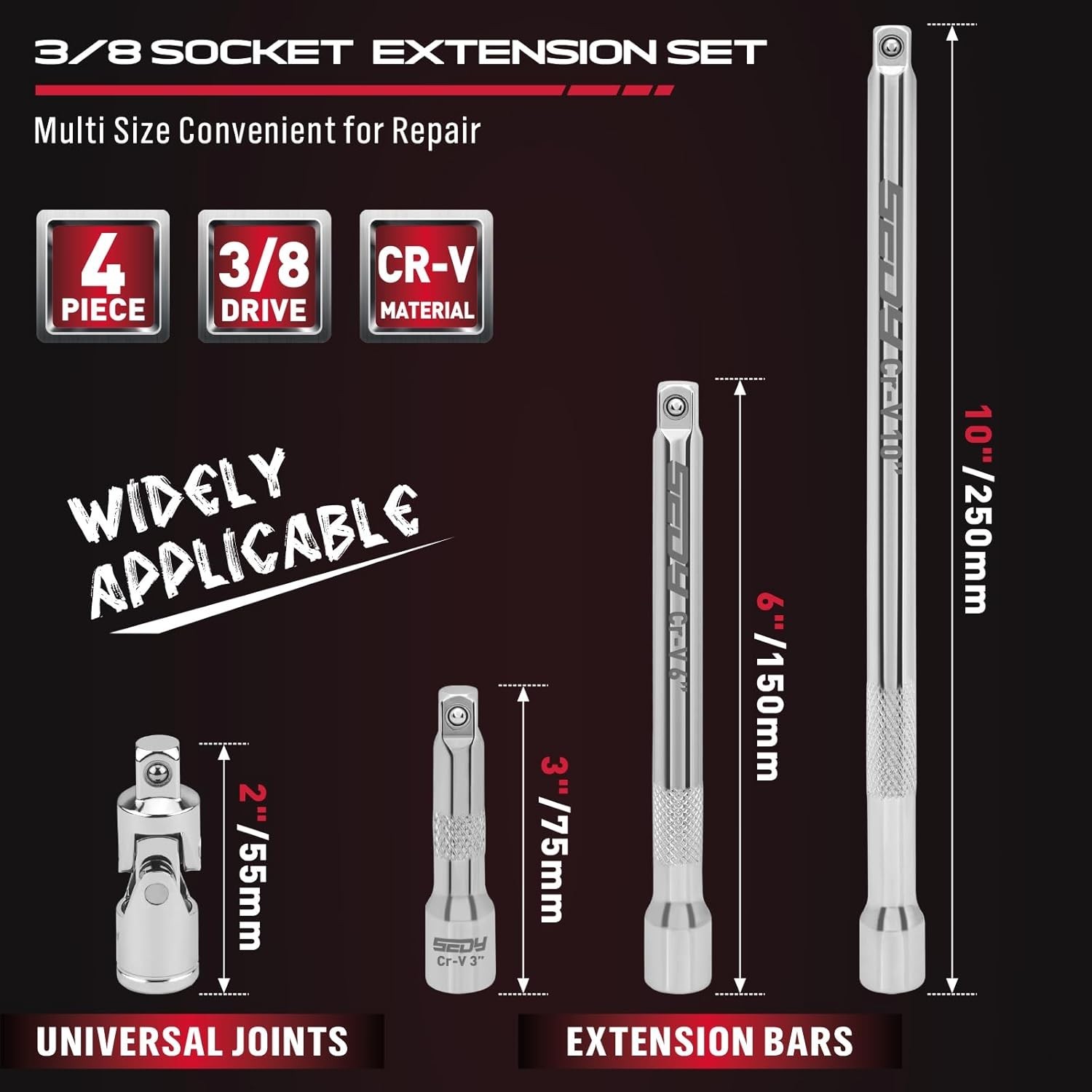 4pc 3/8″ Drive Socket Extension Bar Set 3″ 6″ 10″ & Universal Joint Cr-V Steel