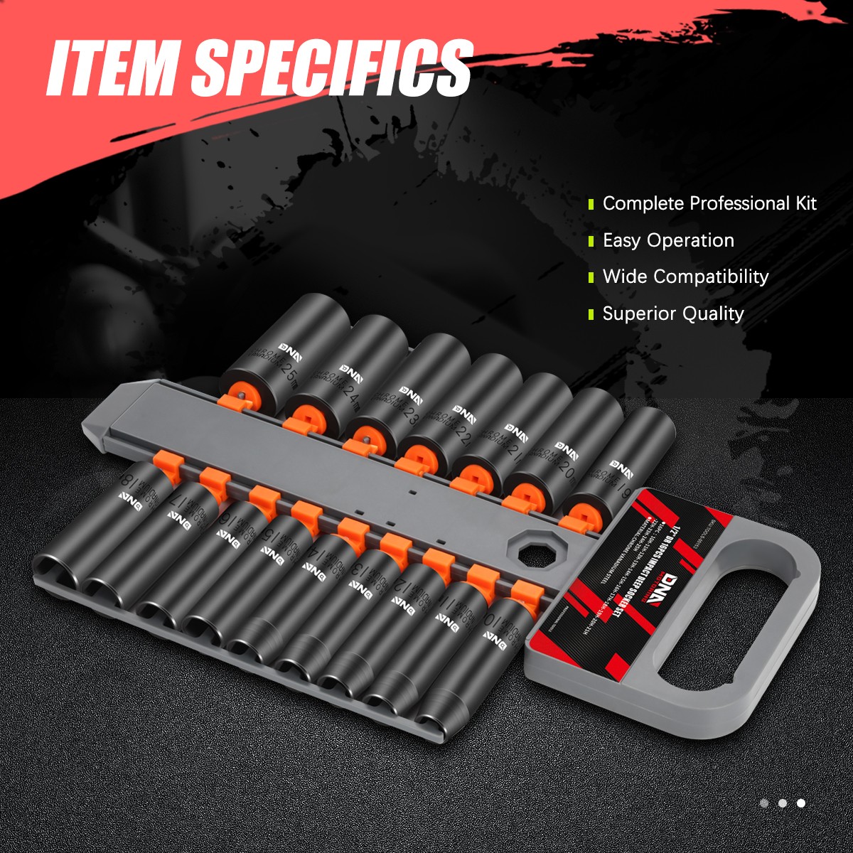 16Pack 1/2″ 10-25mm Chrome-Vanadium Steel Drive Metric Deep Impact Socket Set