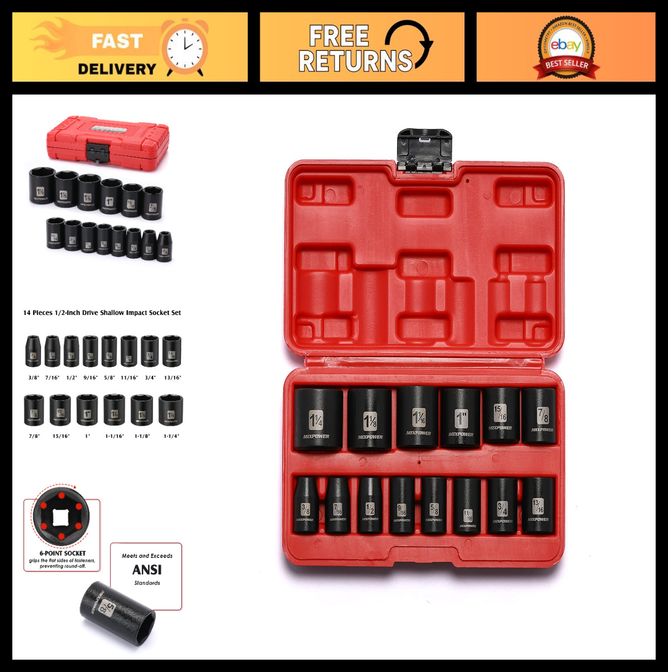 14-Piece 1/2″ Drive Shallow Impact Socket Set, 3/8″ to 1-1/4″, CR-V, SAE, 6 Poin