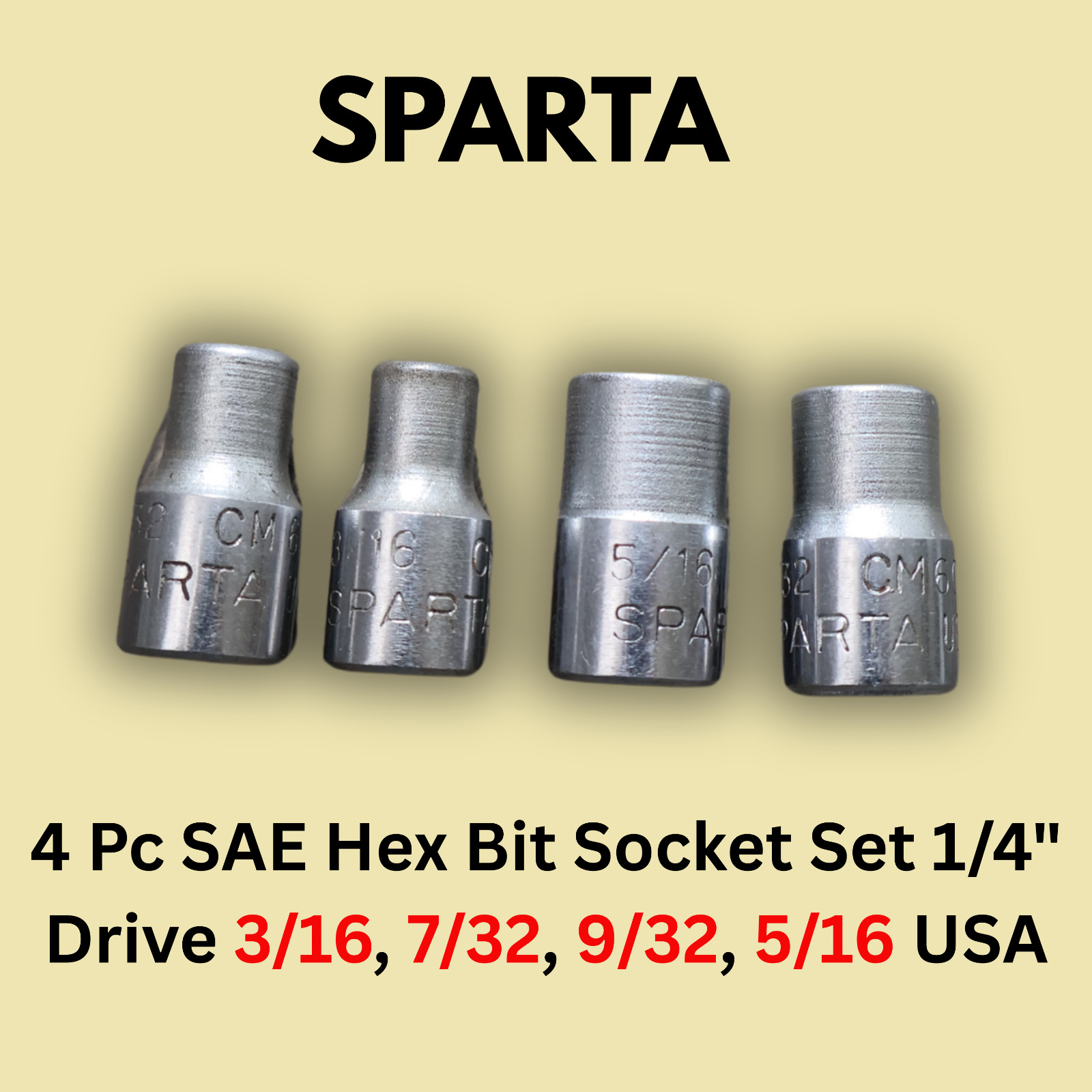 Vintage Sparta 4 Pc SAE Hex Bit Socket Set 1/4″ Drive 3/16 7/32 9/32 5/16 USA