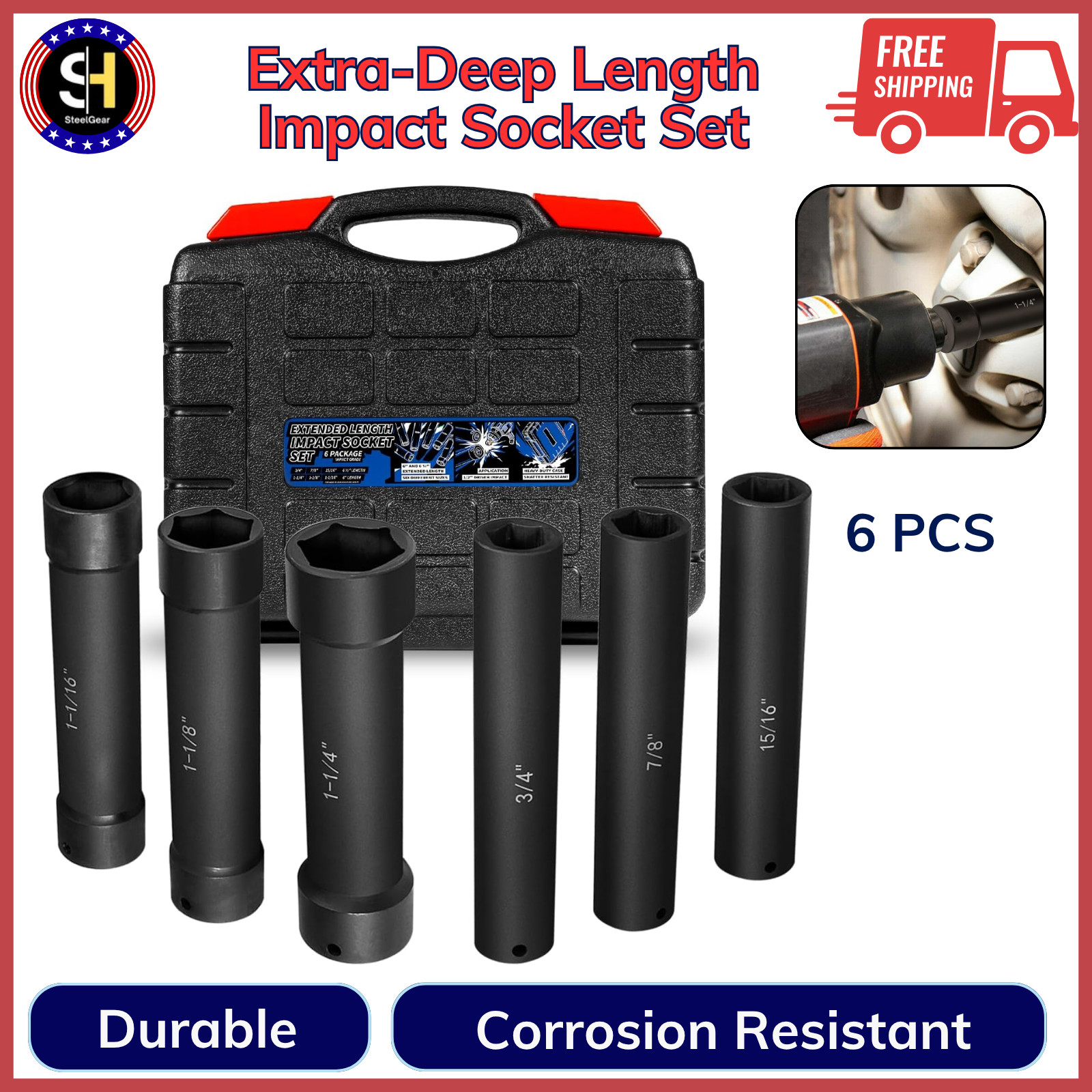 1/2 Inch Drive Heavy Duty Extended Length Extra-Deep Length Impact Socket Set