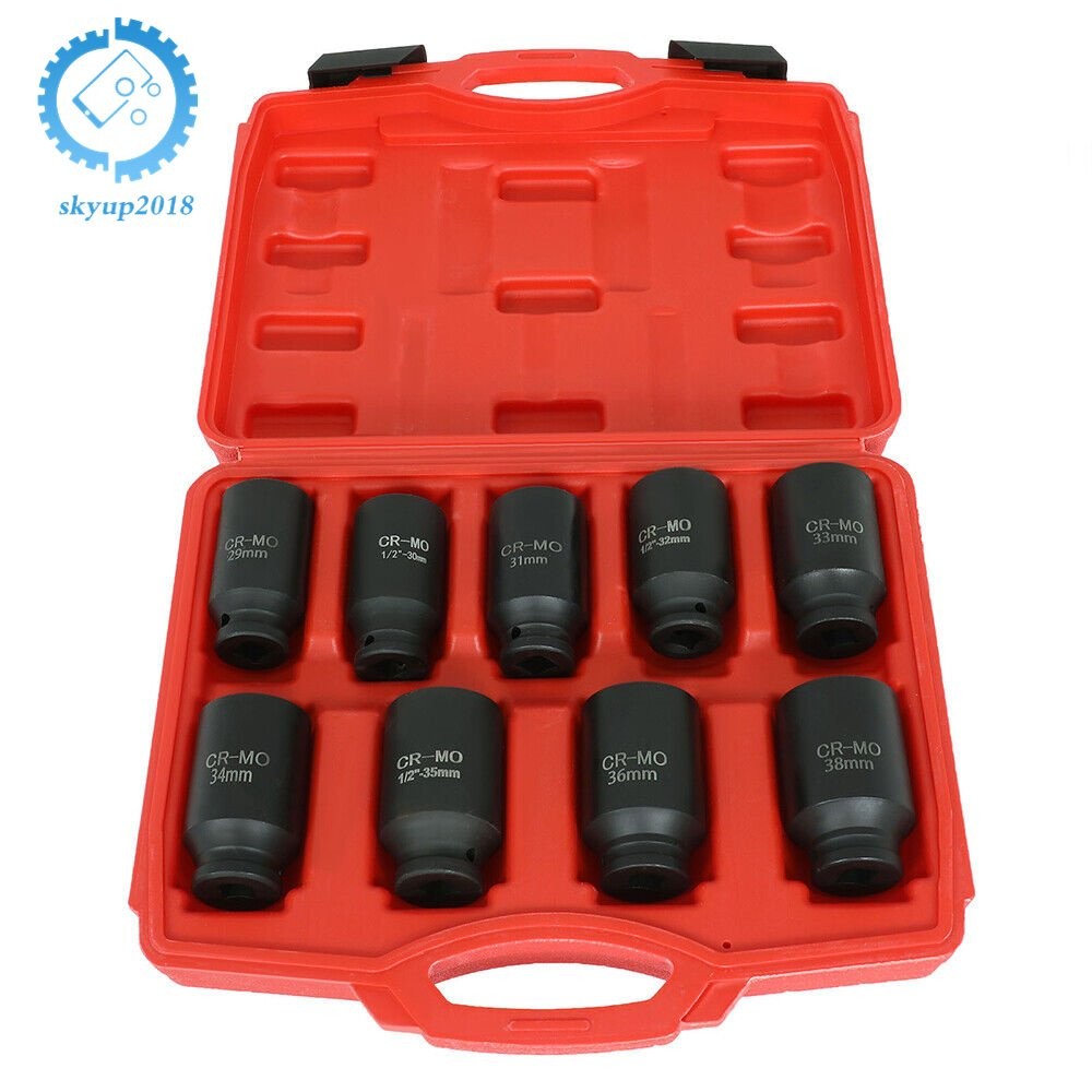 9pcs 29-38mm 1/2″ Drive Metric Axle Hub Nut Socket Deep Impact Socket Tool Kit