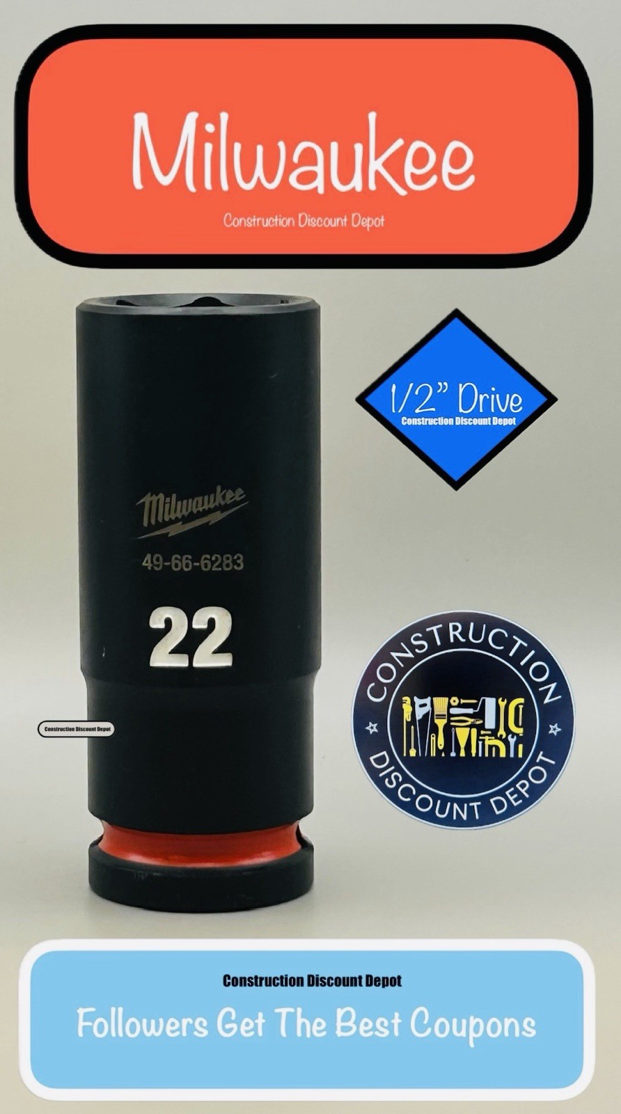 Milwaukee 49-66-6283 22MM Shockwave Impact Duty 1/2 In. Drive Deep Socket 22 MM
