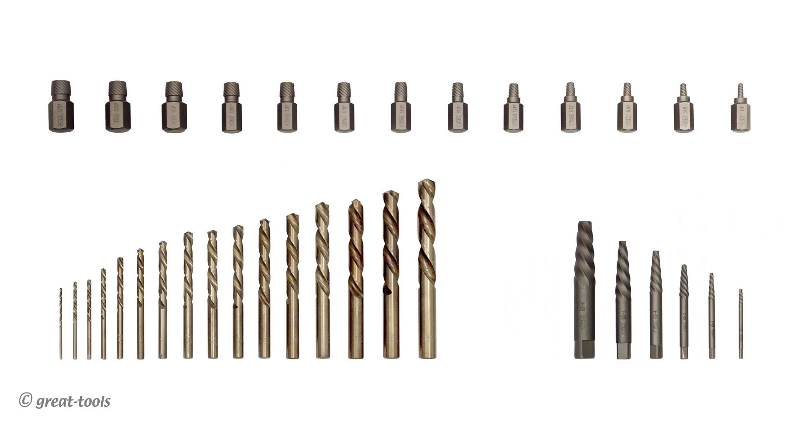 35-PC SCREW EXTRACTOR SET – Left Hand (LH) Drill Bits – removes broken fasteners