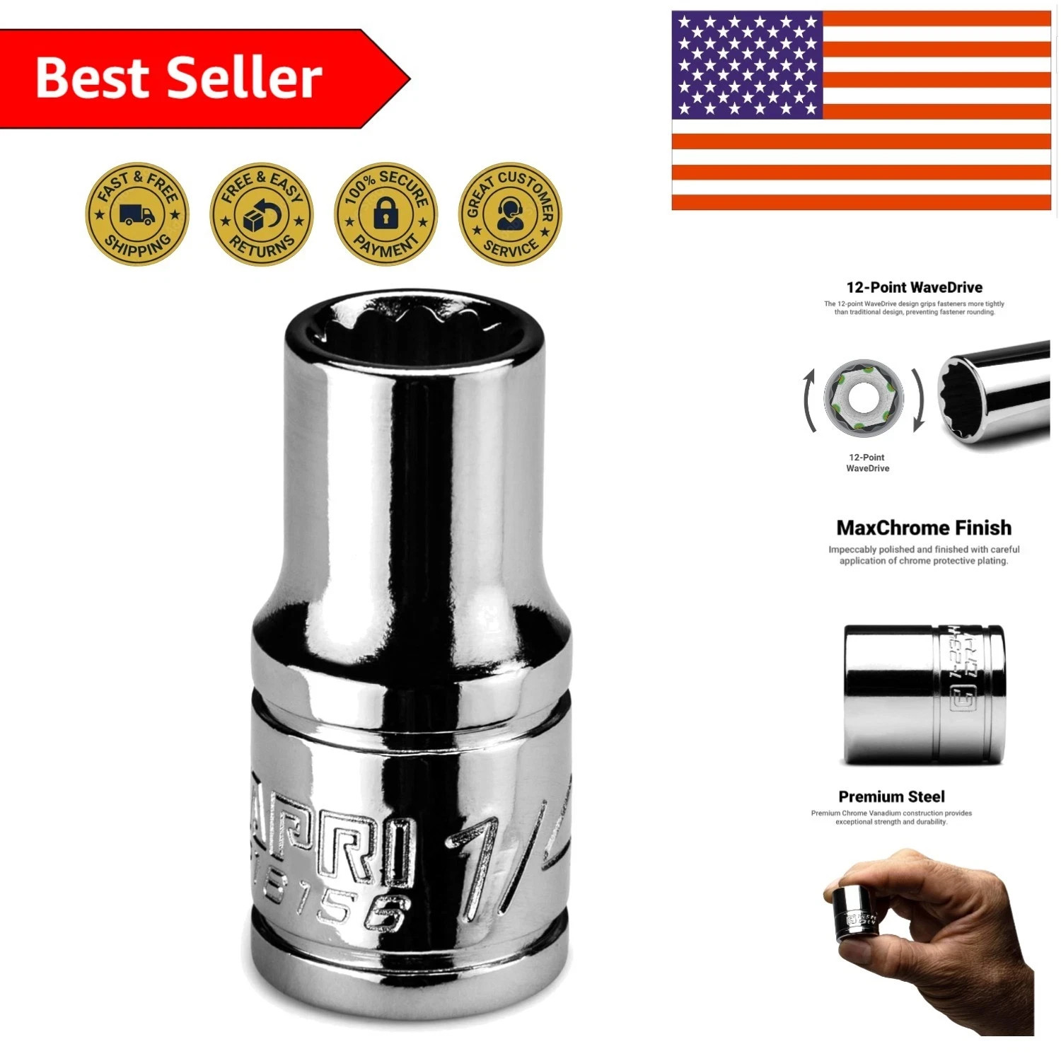 1/4-Inch 12-Point Socket | Chrome Vanadium, MaxChrome Finish, SAE Chrome