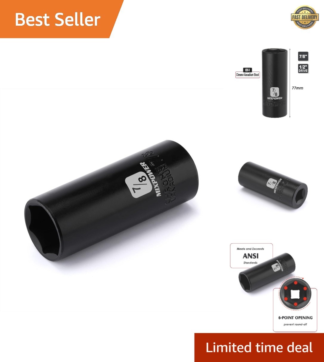1/2 Inch Drive 6 Point Impact Socket – 7/8 Inch Size, Laser Etched for Easy Use