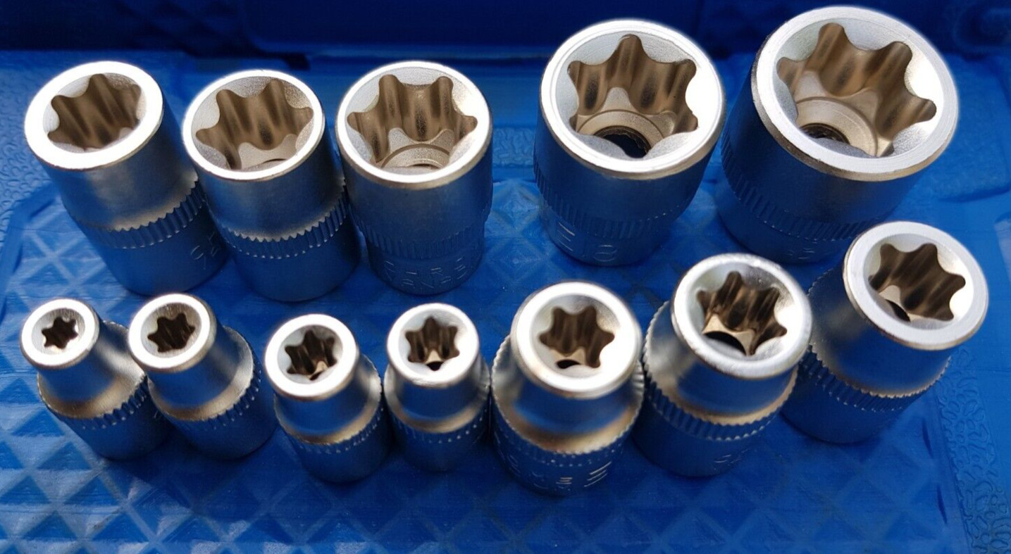 12X E-Torx 3/8″ drive Sockets: E4 E5 E6 E7 E8 E10 E12 E14 E16 E18 E20 CrV