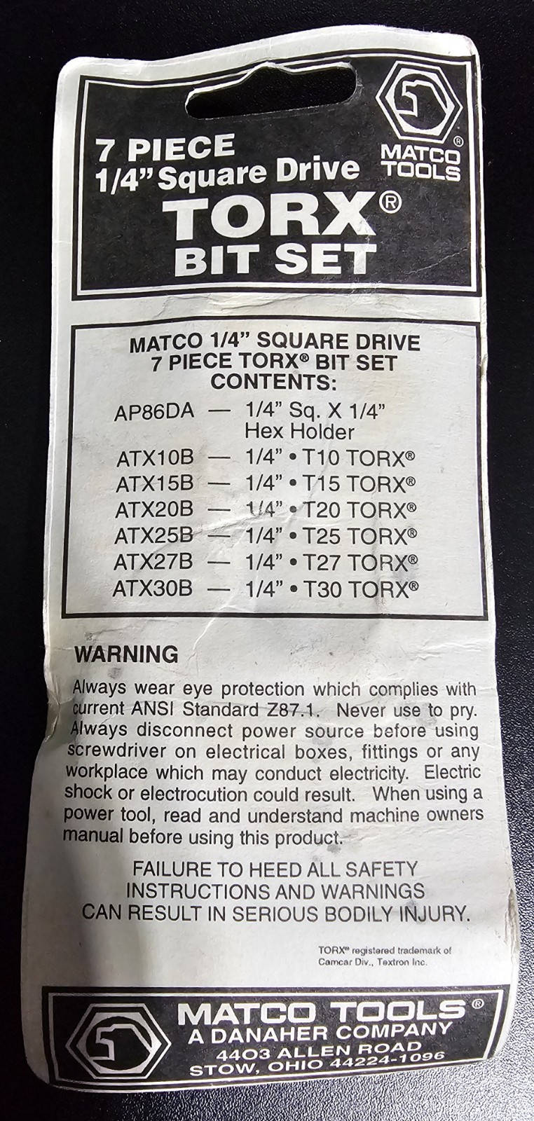 Matco 7 Piece 1/4 Square Drive Tork Bit Set Bsatx7a