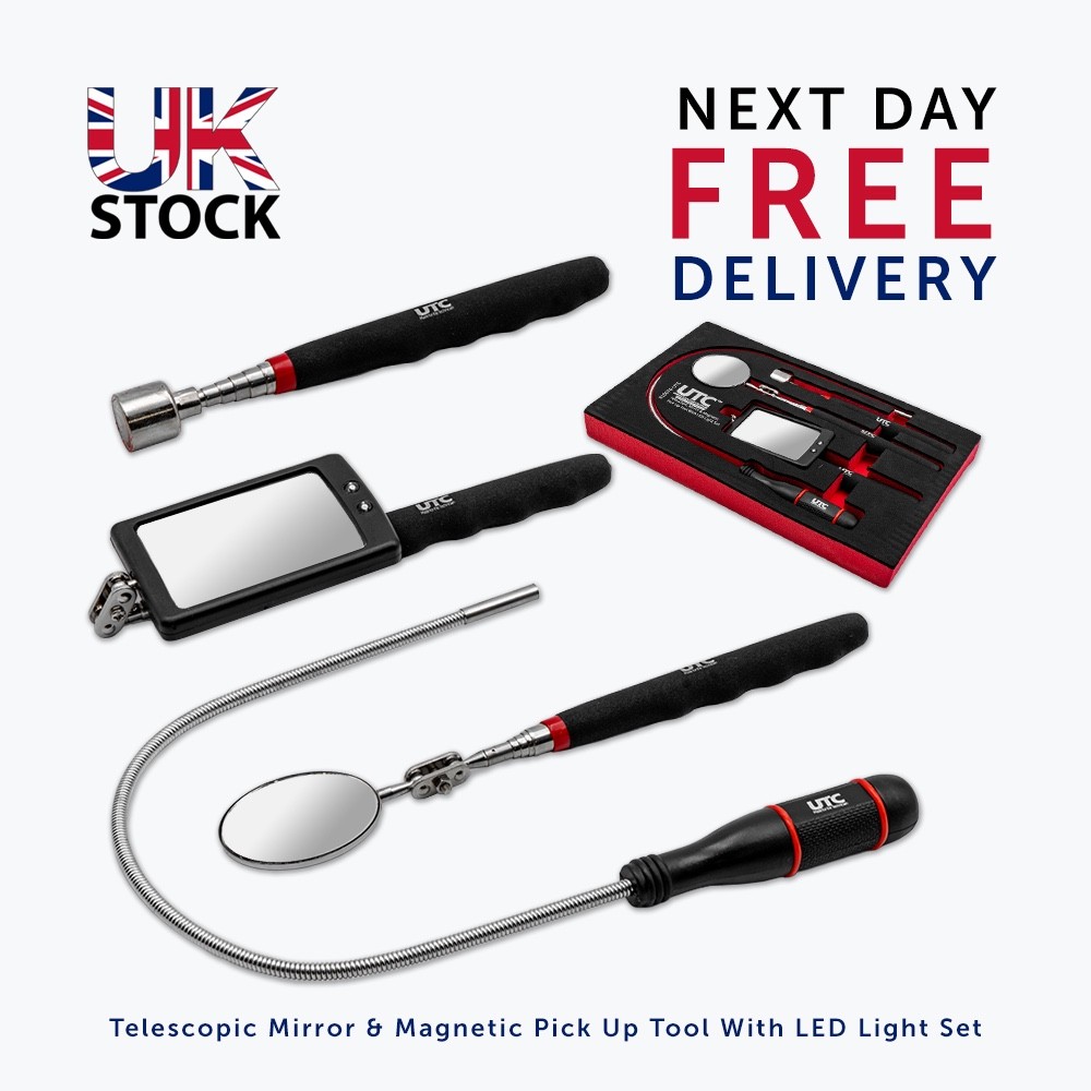 Telescopic Mirror & Magnetic Pick Up Tool Set with LED Light for Garage NEW! UK