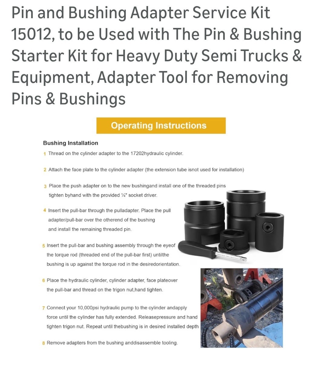 Pin and Bushing Adapter Service Kit 15012, to be Used with The Pin & Bushing