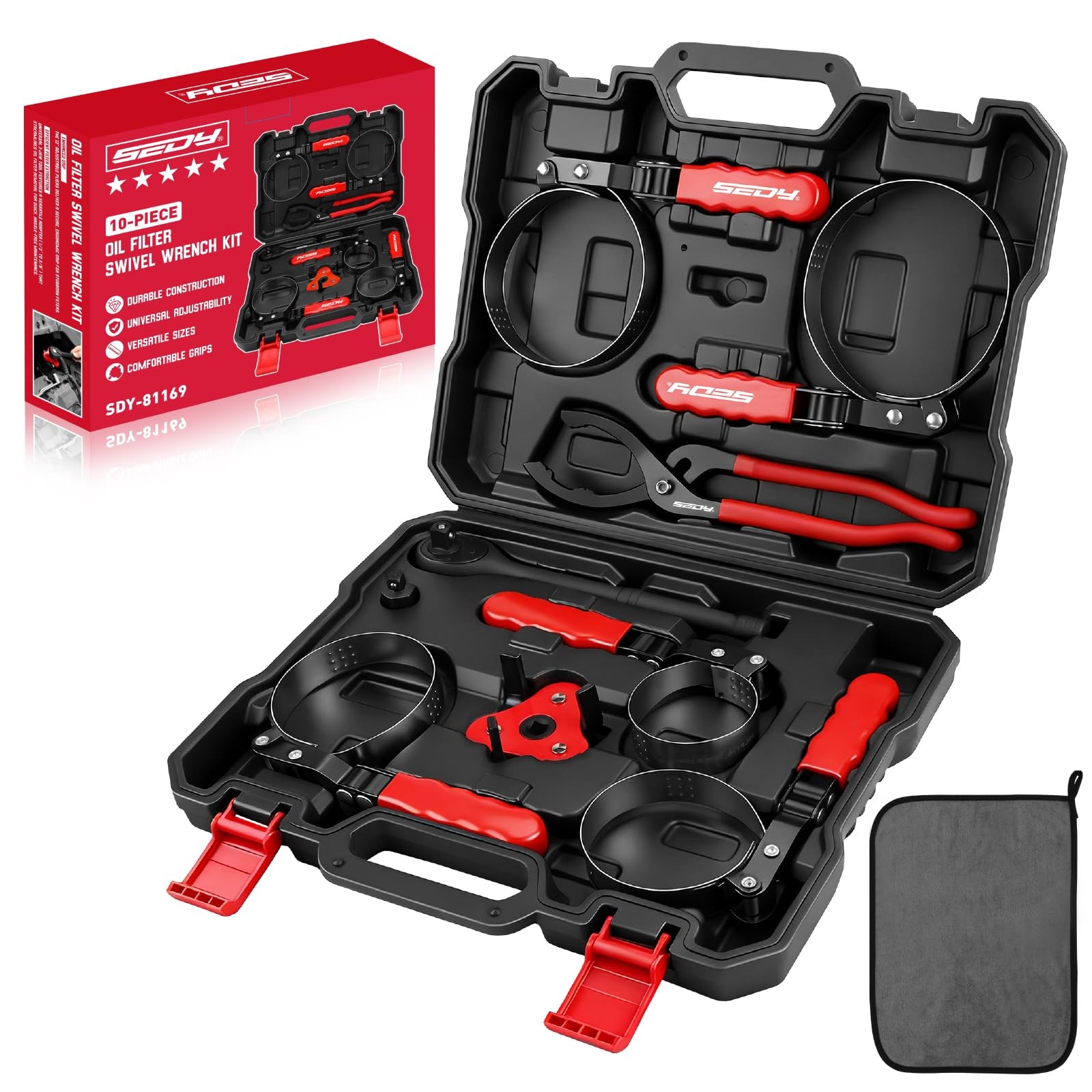 SEDY 10PC Oil Filter Wrench Set 2-3/8-4-3/4 Swivel Ratchet Tool Kit