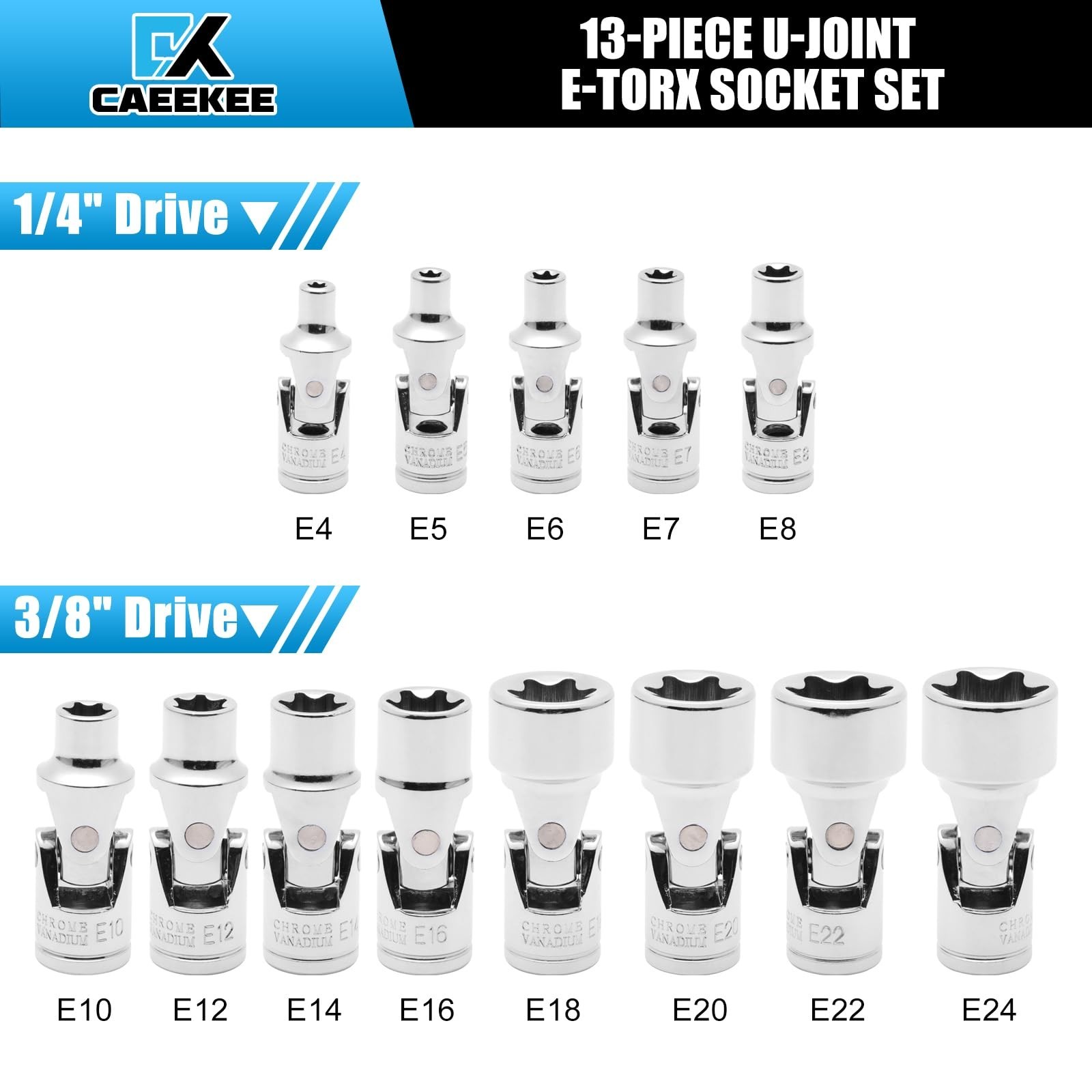 13-Piece Universal External Star Socket Set, 1/4″ & 3/8″ Drive, CR-V, Storage Ca