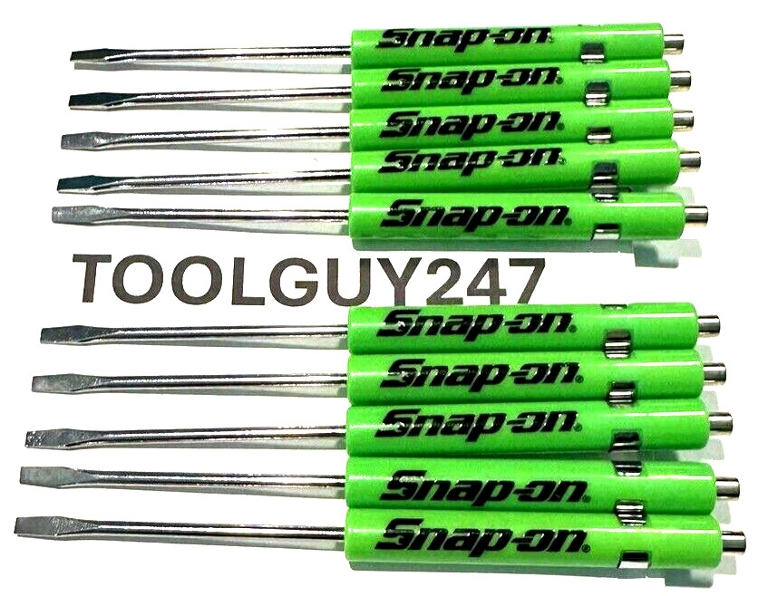 SNAP ON TOOLS 10 TEN Snap On Pocket Screwdrivers Flat Tip GREEN MAGNETIC END