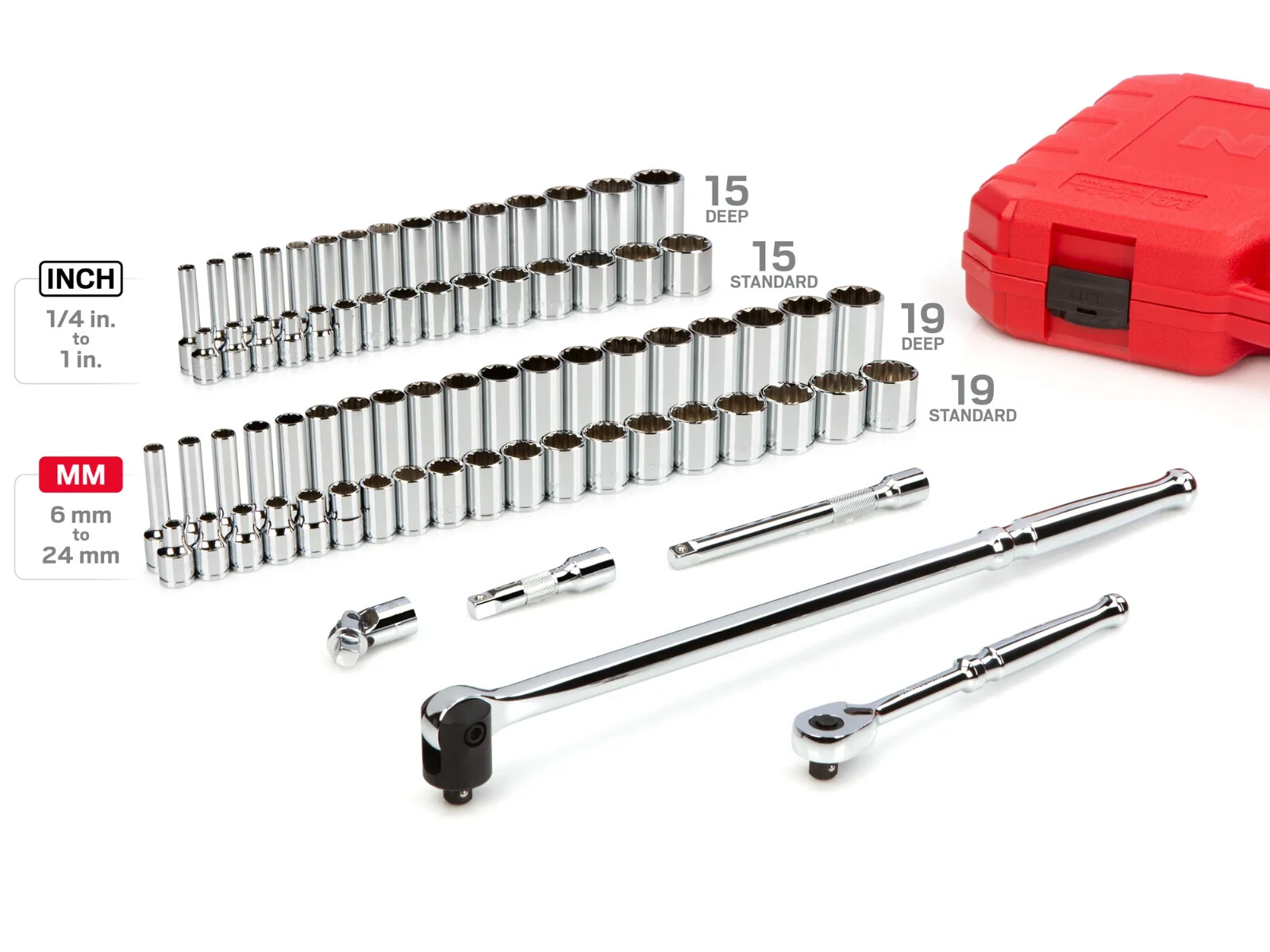 3/8 Inch Drive 12-Point Socket and Ratchet Set with Case, 73-Piece