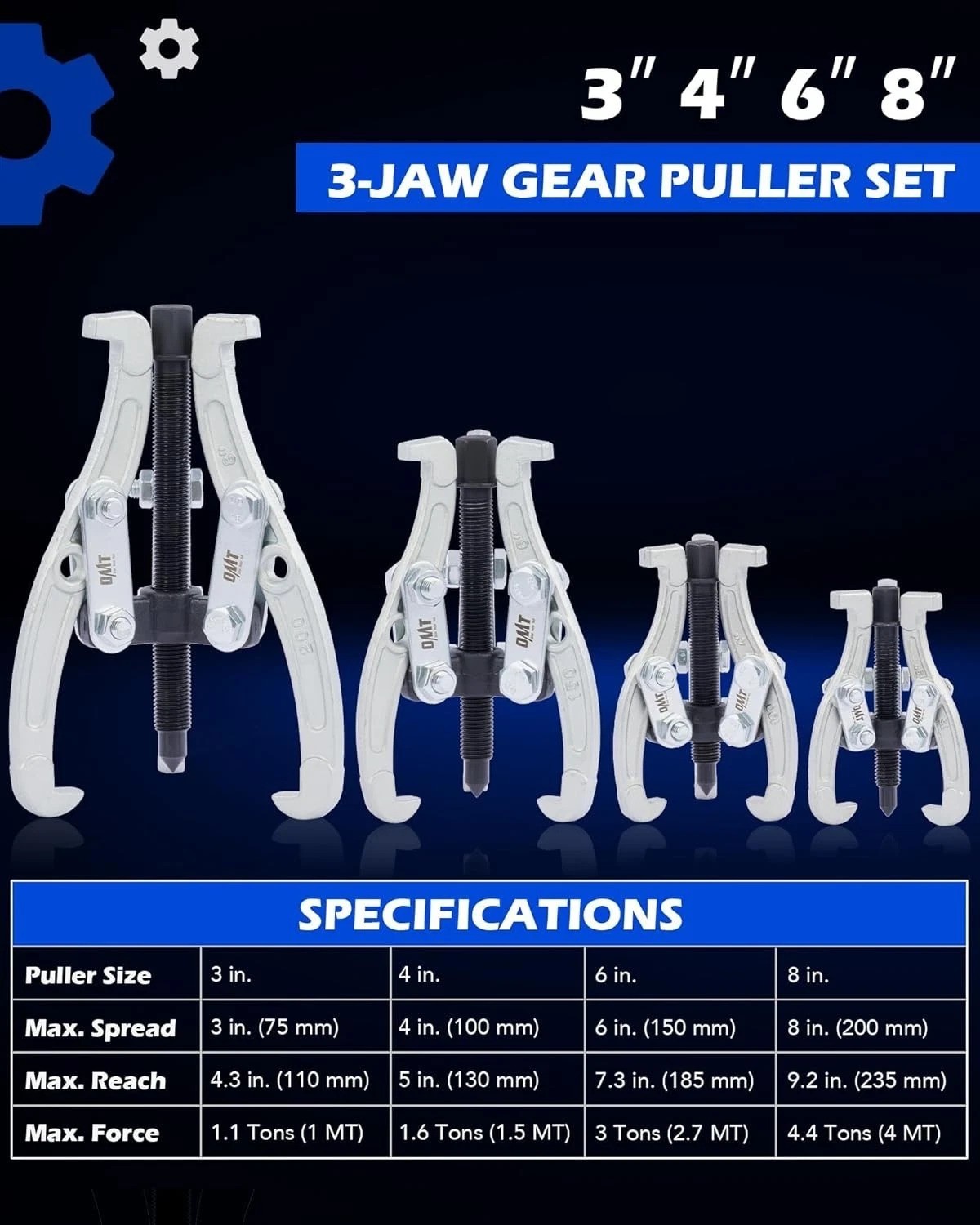 Heavy Duty Gear Puller Set 3-8 inch, 4 pcs with Reversible Jaws