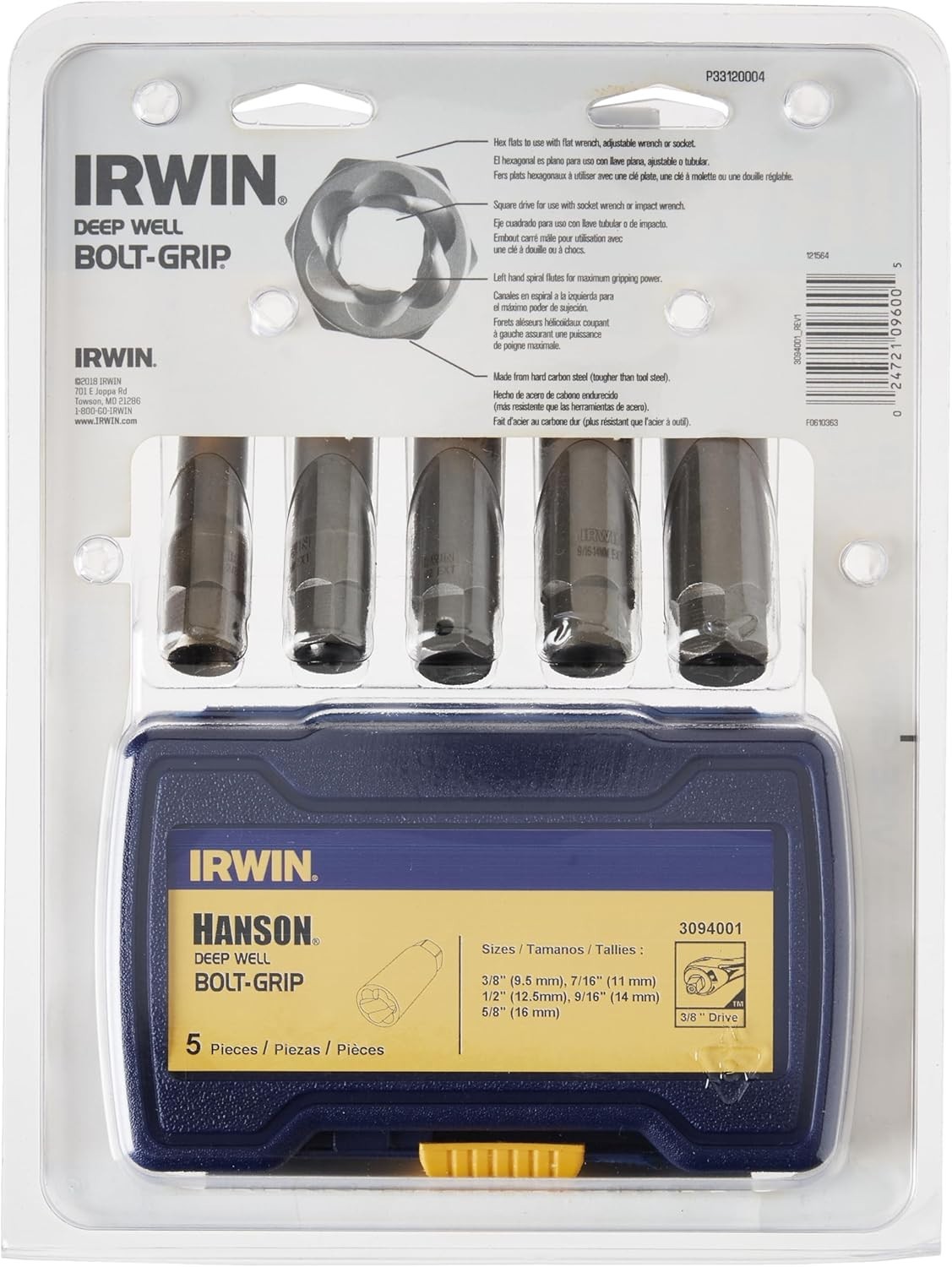 Irwin 3094001 Bolt Grip Damaged Screw and Bolt Deep Well Socket Extractor Set