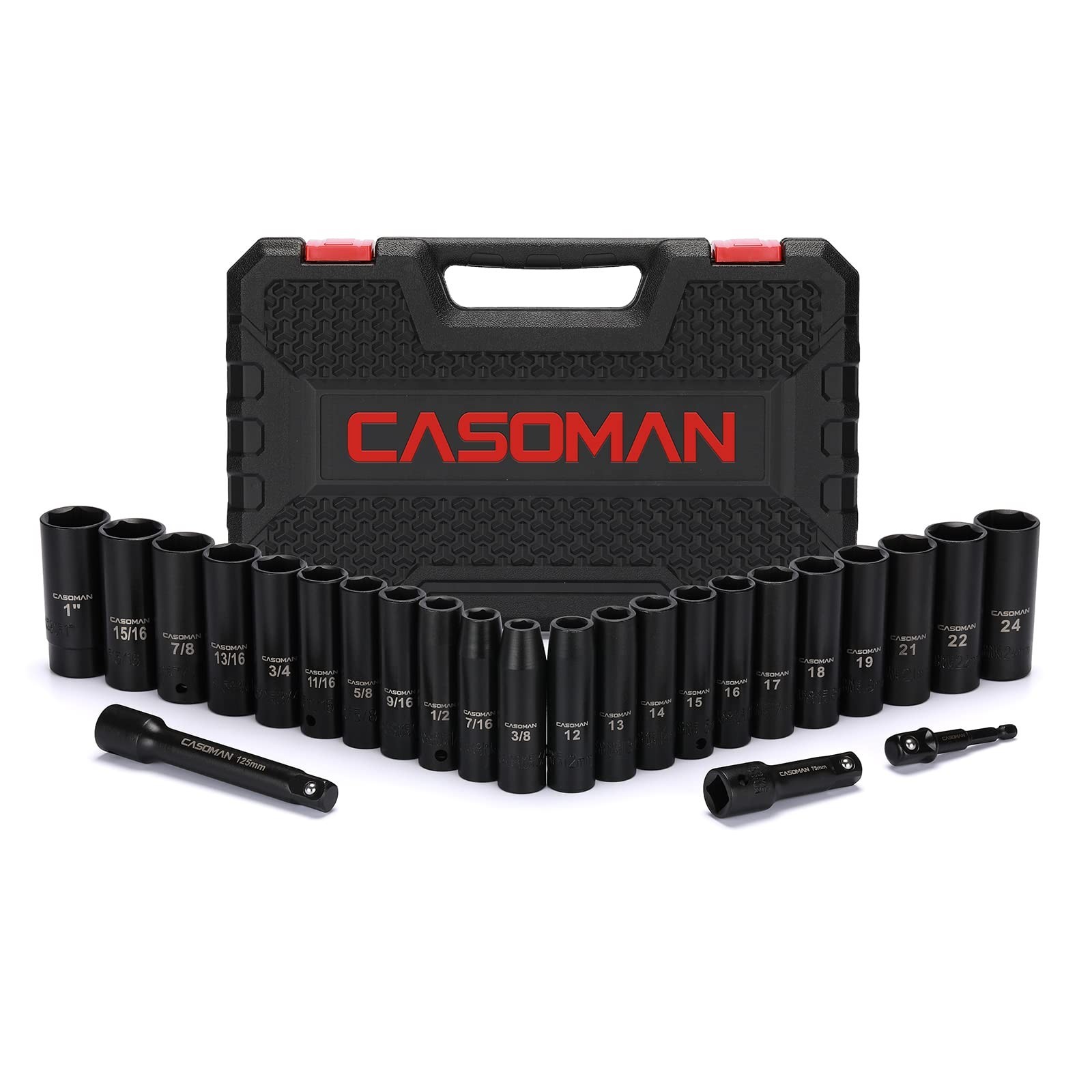 25PC 1/2″ Drive Impact Socket Set, Deep Cr-V Steel, 6 Point, Metric & SAE, 12-24