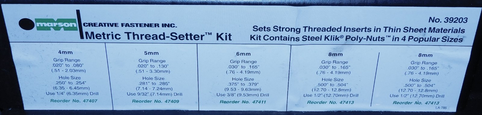 Metric Thread-Setter Kit #39203, Marson Corporation. Used & Beautiful Condition.