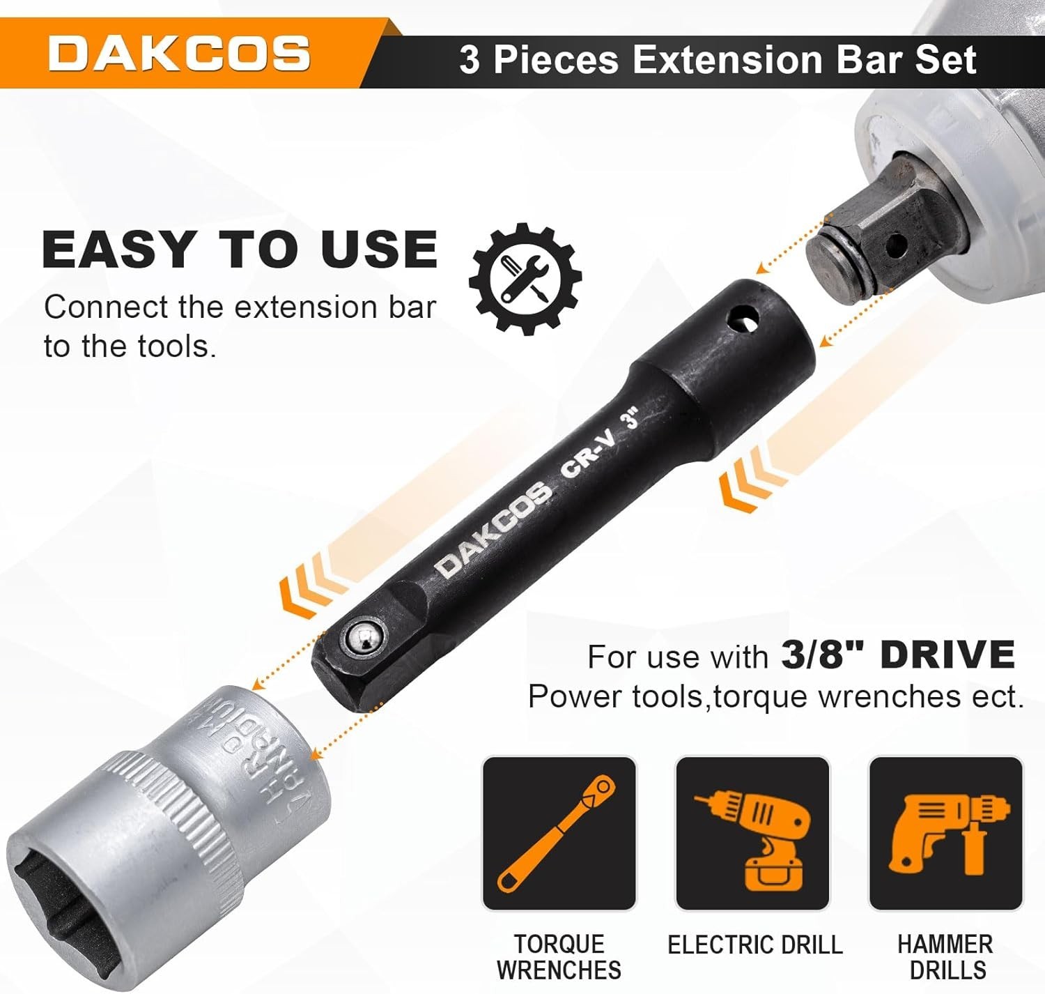 3/8-Inch Drive Impact Extension Bar Set 3 Pieces 3 6 10 Inch