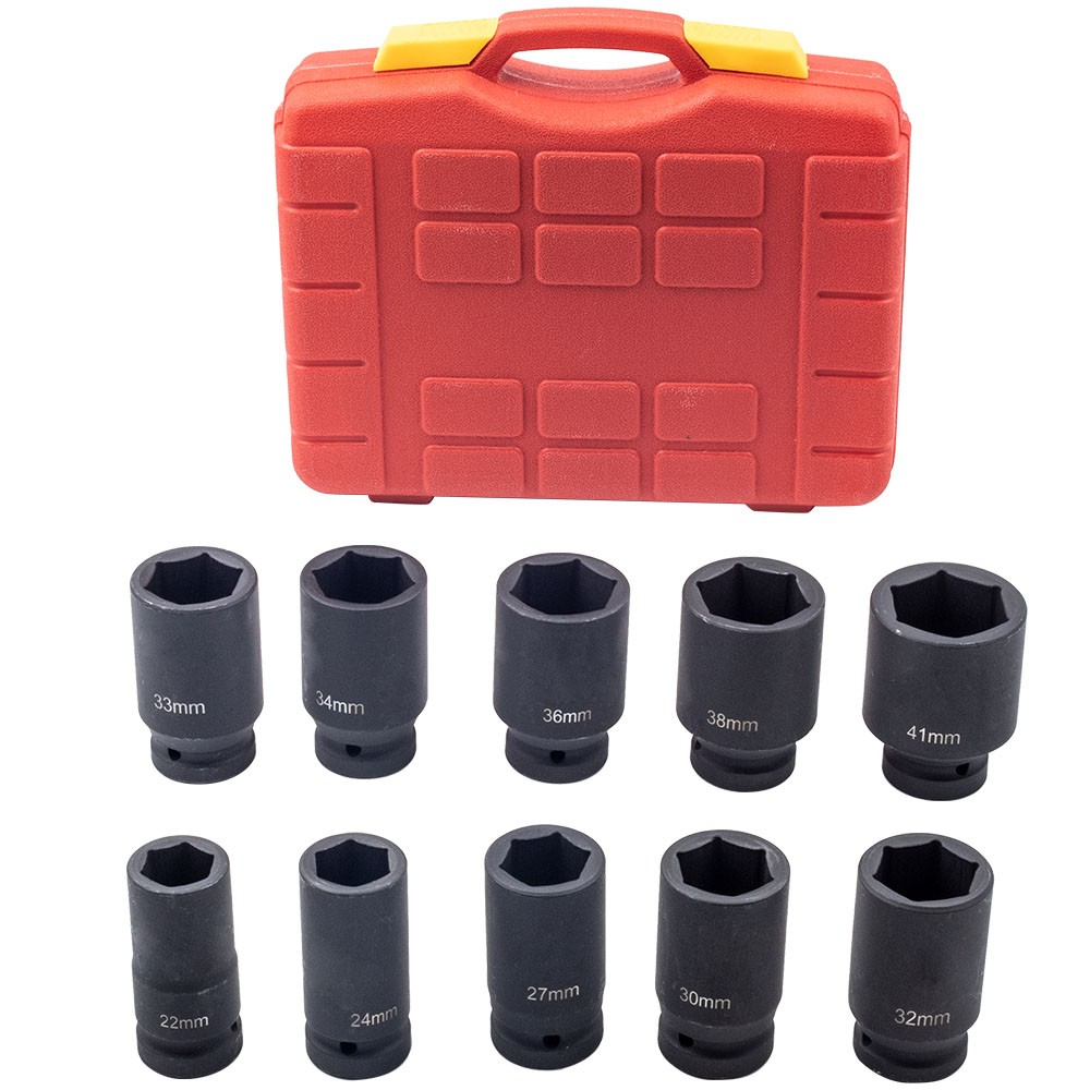 10PCS 3/4Inch Drive Deep Impact Socket Set Metric 22mm-41mm 6-Point Kit W/ Case