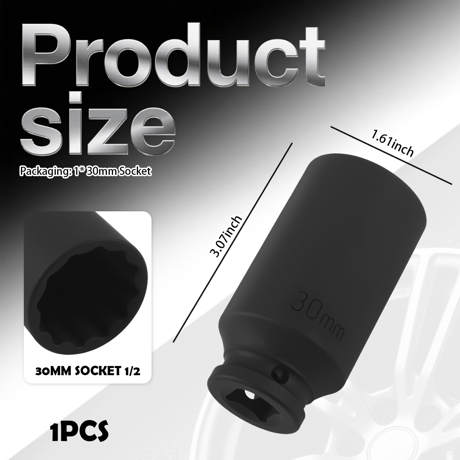 30mm Socket 1/2″ Drive,12-Point Impact for 3.07×1.61×1.61 inch,