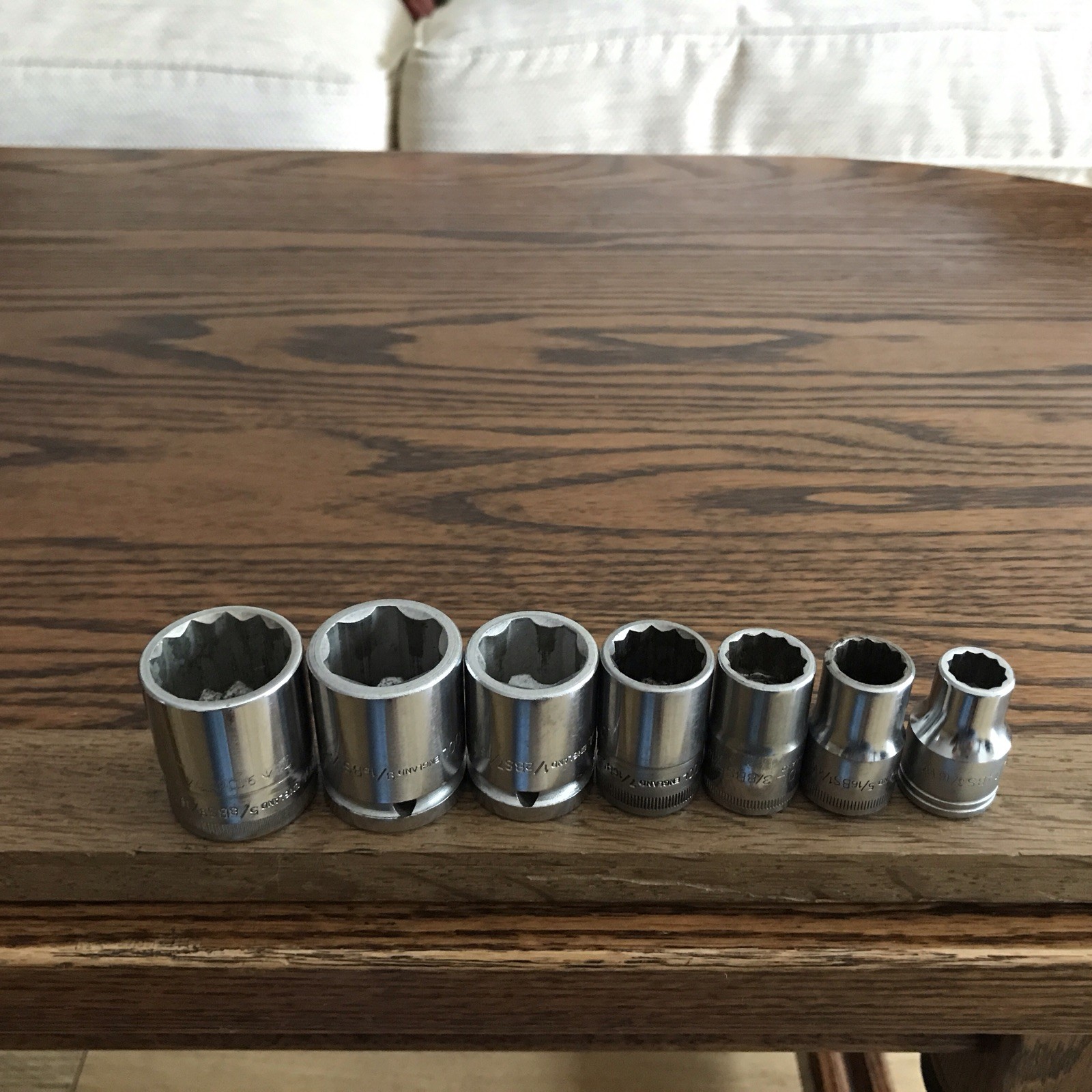 7 Vintage Britool Sockets 9/16”To 3/16”Whitworth With 1/2” Drive . C