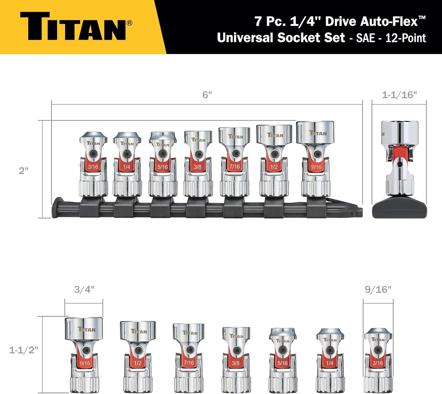 Titan Tools Auto Flex Universal Socket Set – SAE, 1/4″ Drive, 7 Piece (66860)