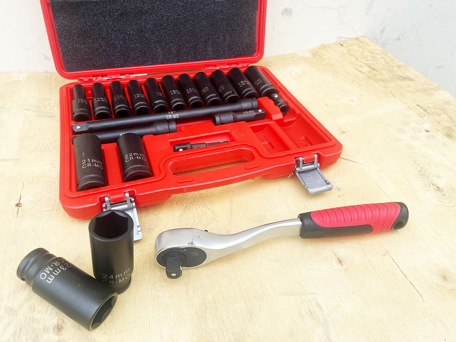 19PCS SAE 1/2″ Dr. Deep Impact Socket Set Cr-Mo 6pt w/3» 5» 10» Extension Bar