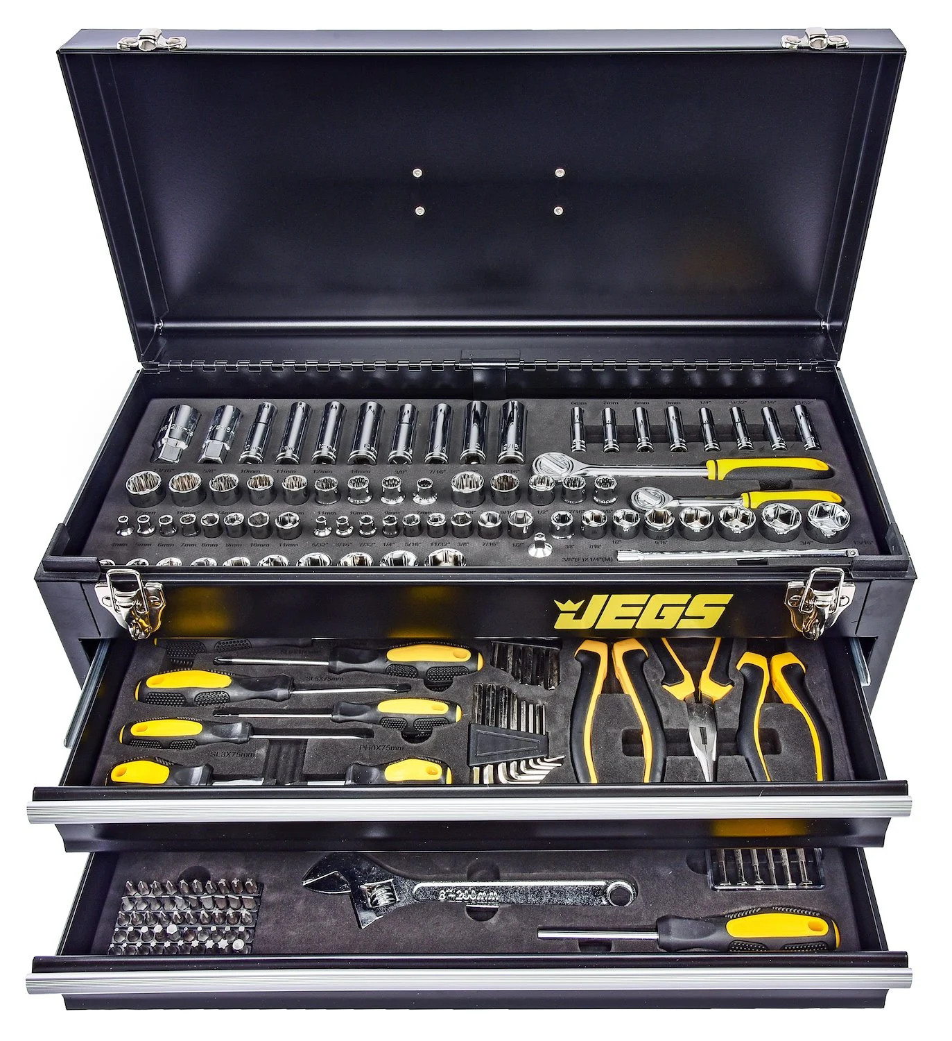 JEGS 85325 170-Piece Mechanic’s Tool Box Set Black Powdercoated Steel