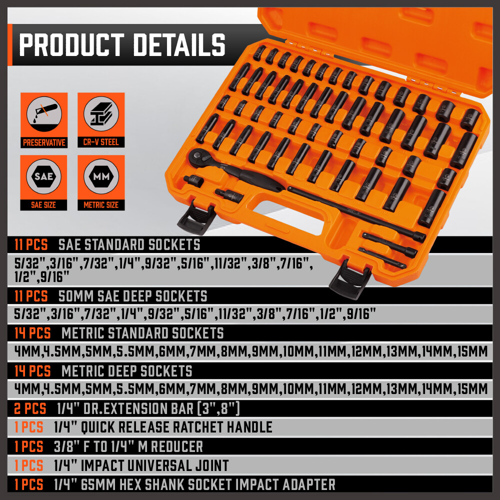 56PC 1/4″ Drive Impact Deep Socket Set Extension Bar Universal Joint SAE Metric