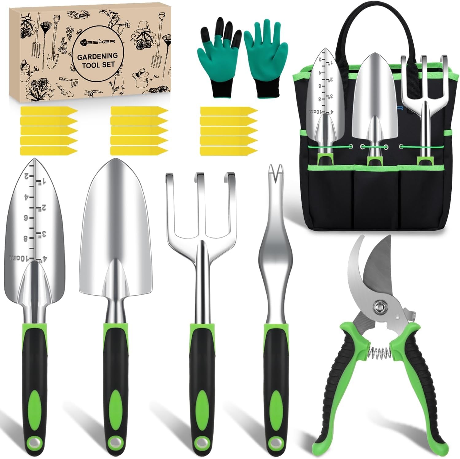 Gardening Tool Set 22-Piece Heavy Duty Hand Tool Kit Supplies Gifts Black Green